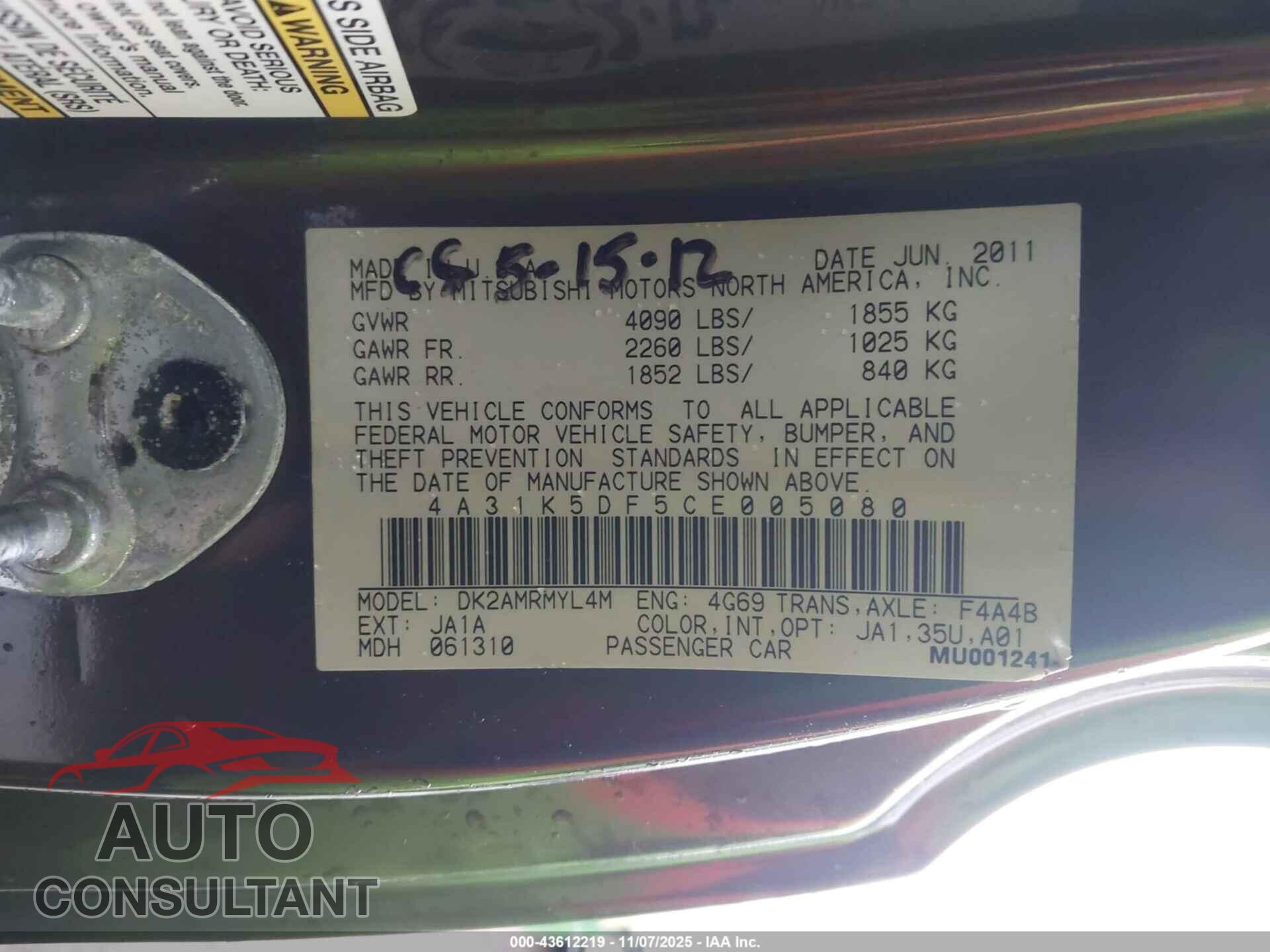 MITSUBISHI ECLIPSE 2012 - 4A31K5DF5CE005080
