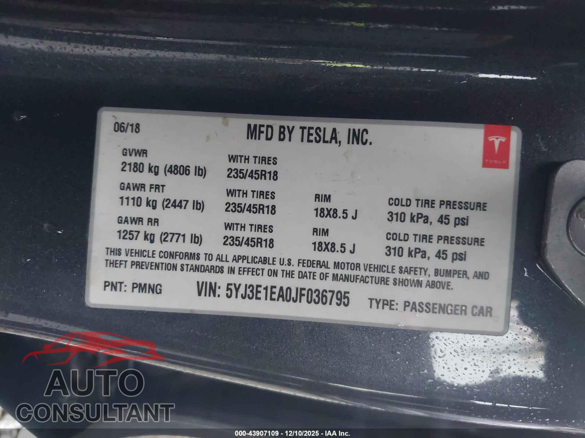TESLA MODEL 3 2018 - 5YJ3E1EA0JF036795