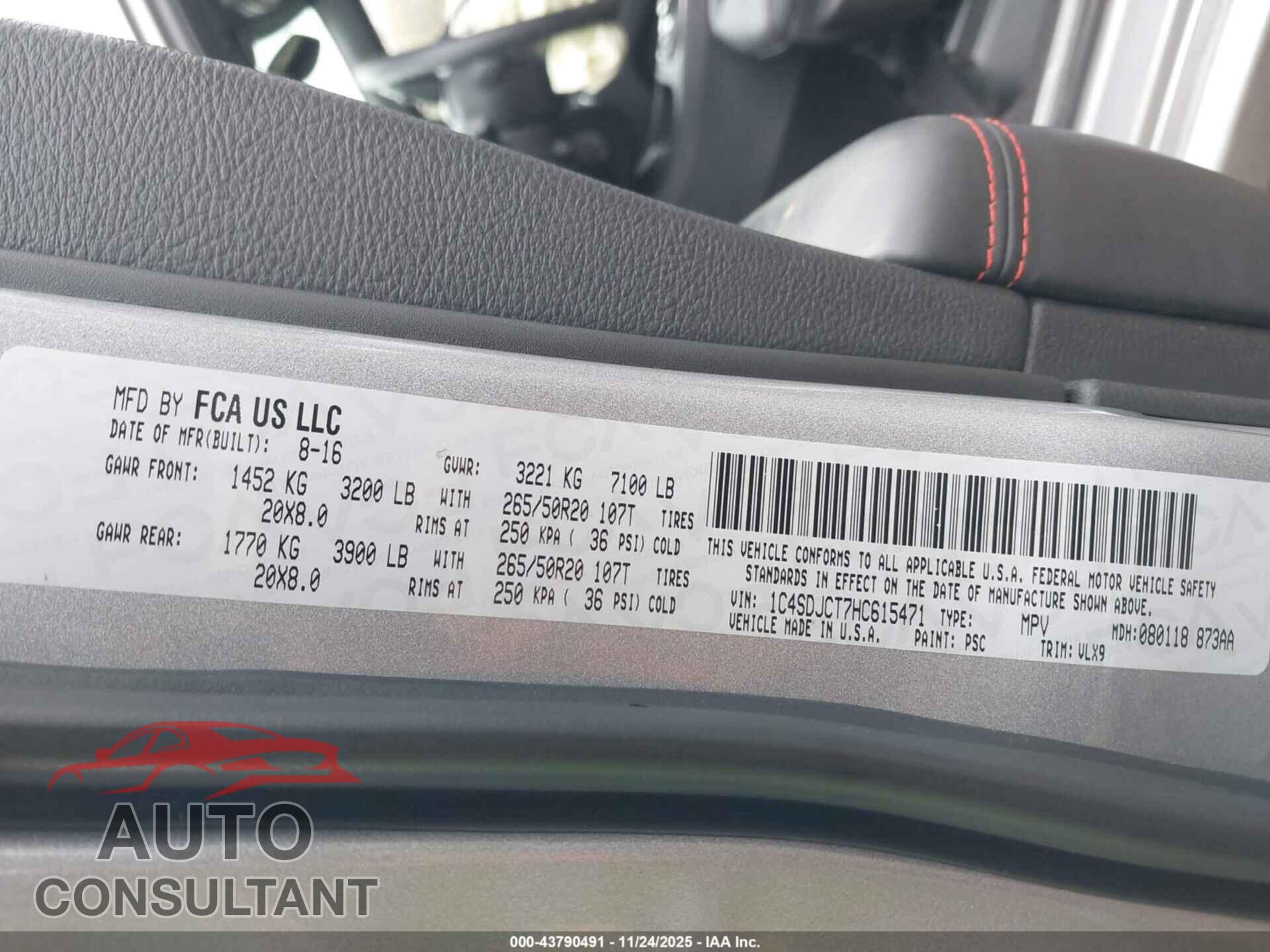 DODGE DURANGO 2017 - 1C4SDJCT7HC615471