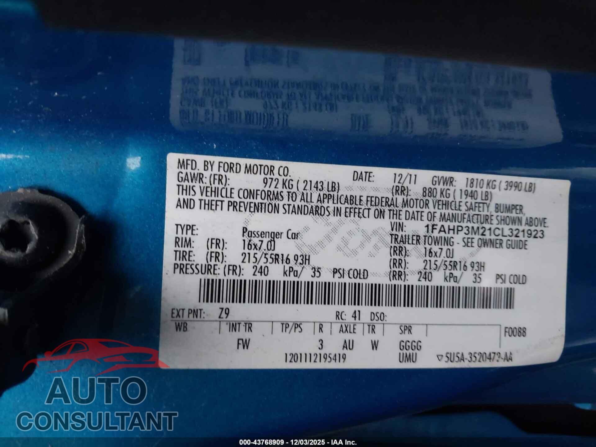 FORD FOCUS 2012 - 1FAHP3M21CL321923