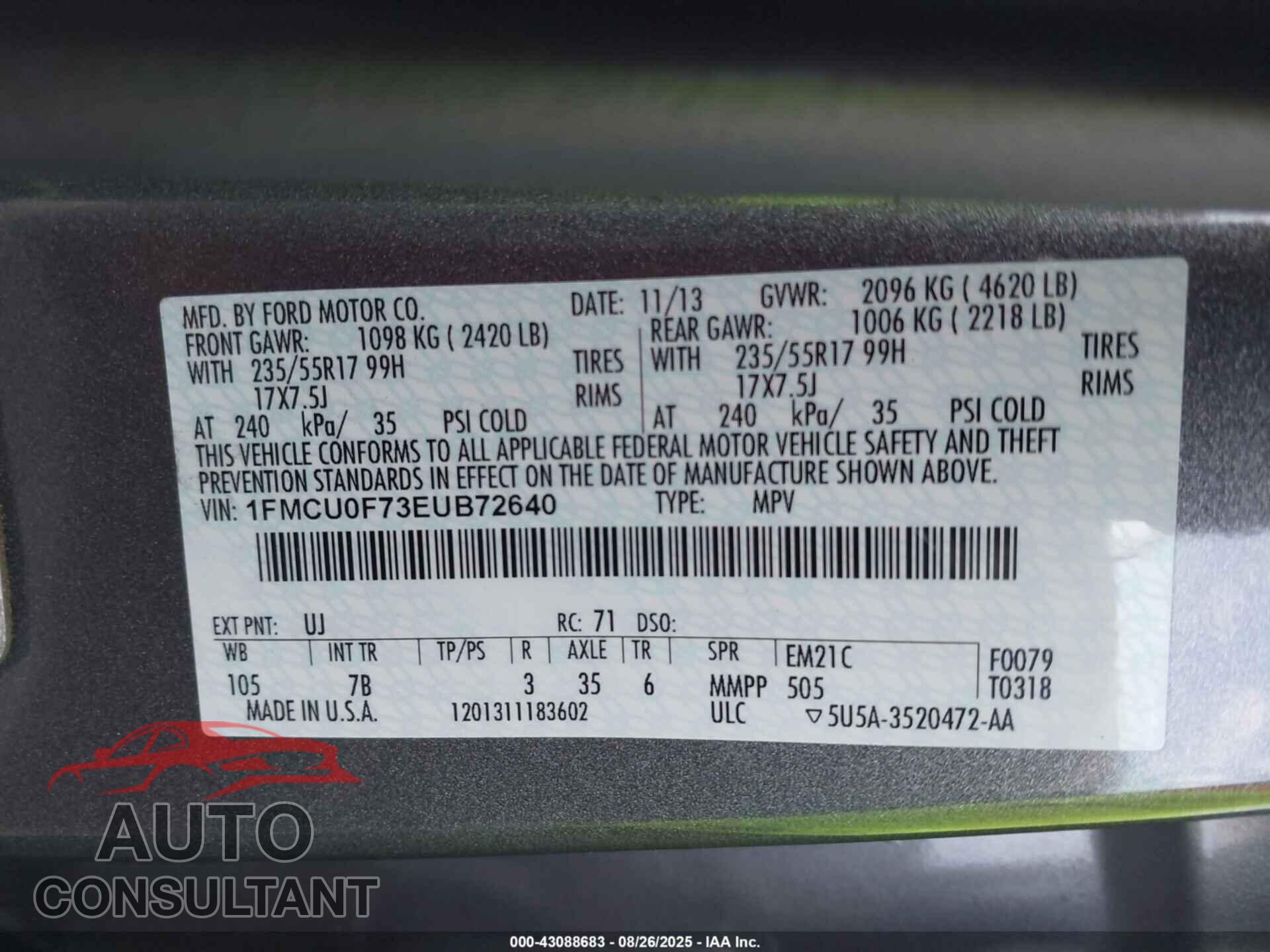 FORD ESCAPE 2014 - 1FMCU0F73EUB72640