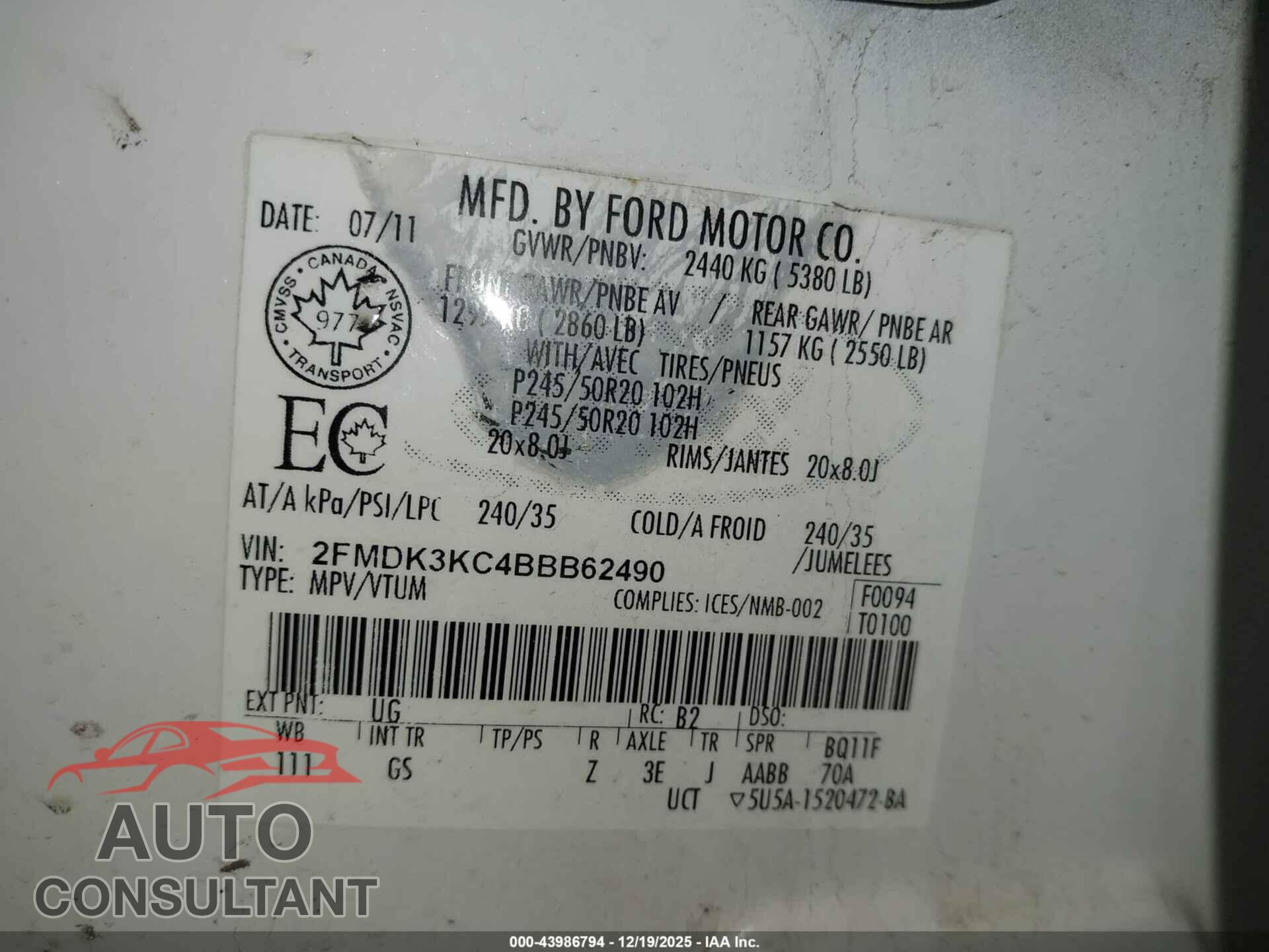 FORD EDGE 2011 - 2FMDK3KC4BBB62490