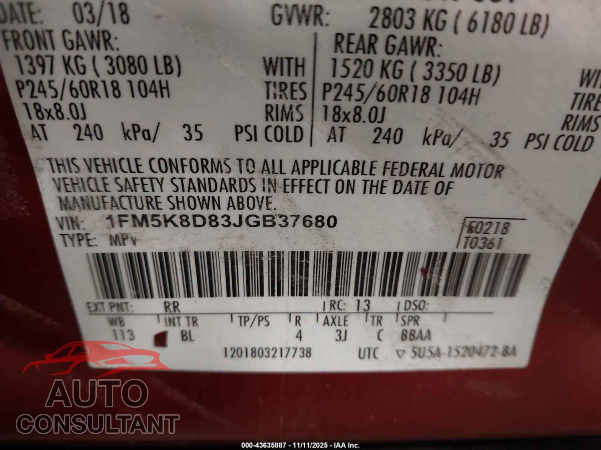 FORD EXPLORER 2018 - 1FM5K8D83JGB37680