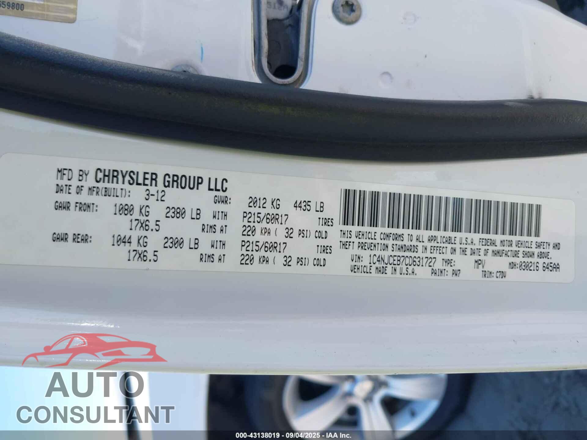 JEEP COMPASS 2012 - 1C4NJCEB7CD631727