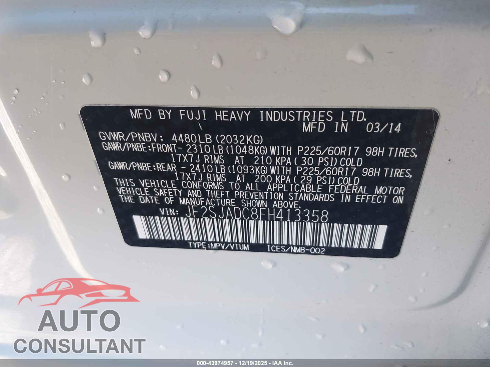 SUBARU FORESTER 2015 - JF2SJADC8FH413358