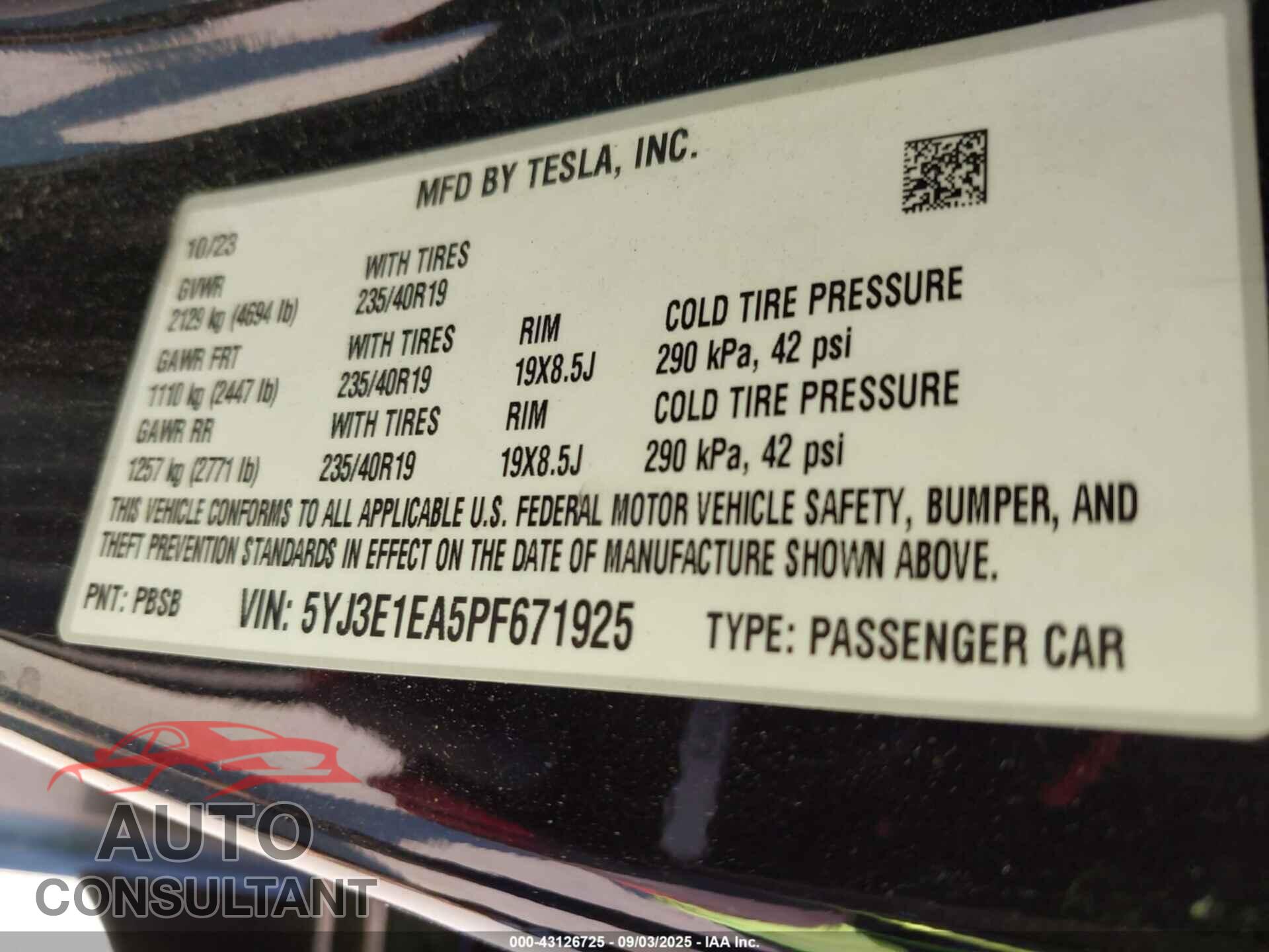 TESLA MODEL 3 2023 - 5YJ3E1EA5PF671925