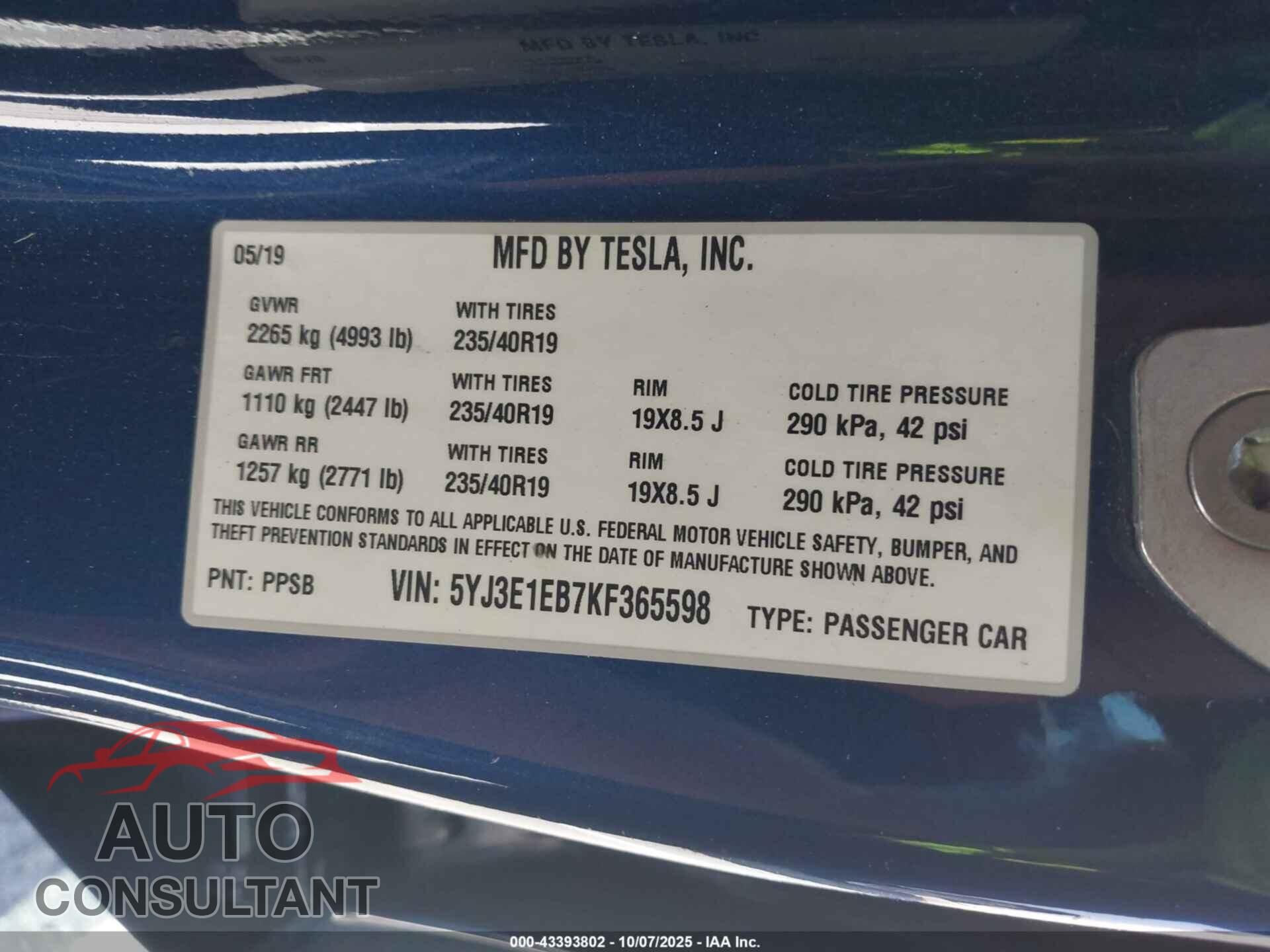TESLA MODEL 3 2019 - 5YJ3E1EB7KF365598