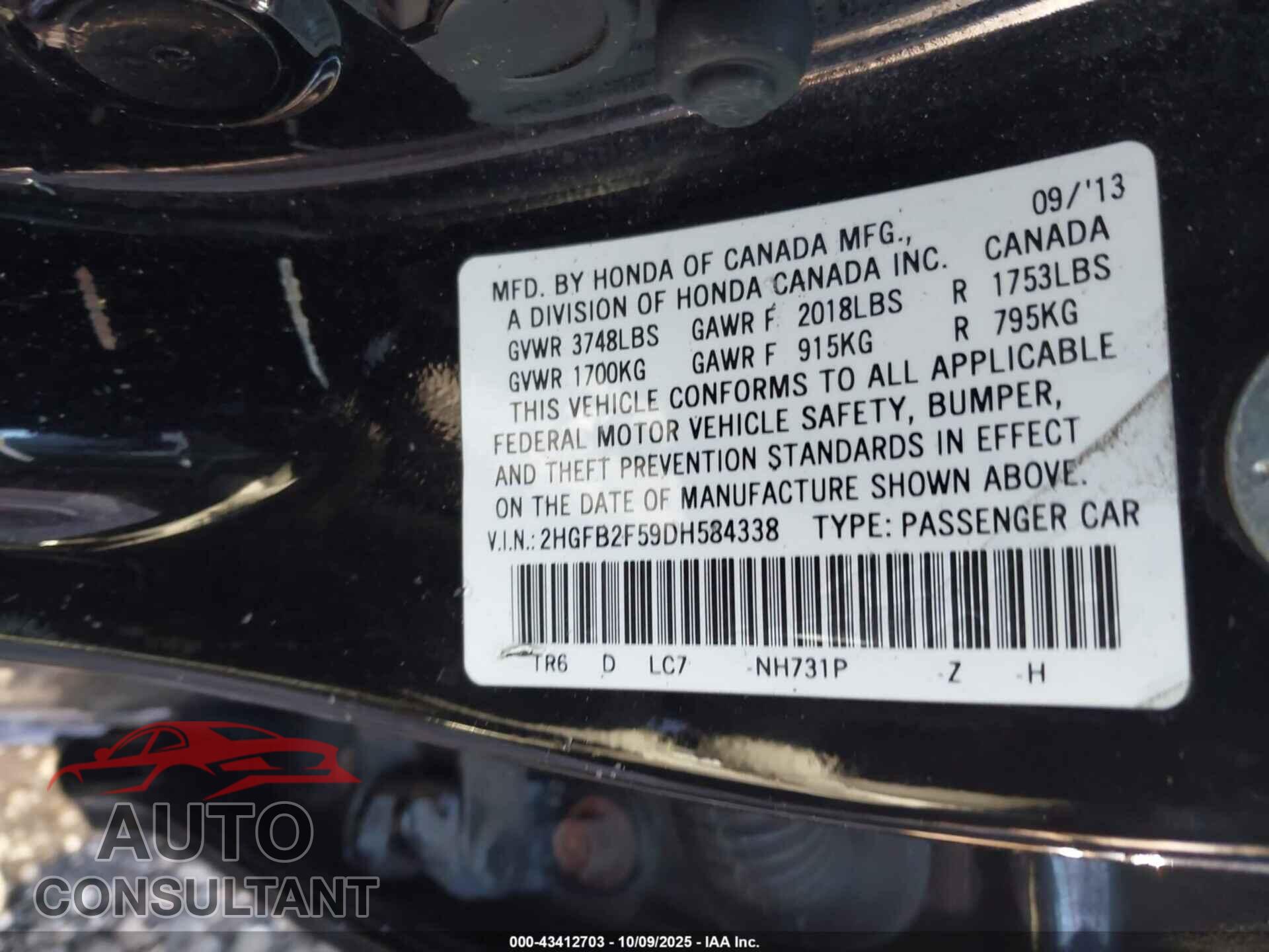 HONDA CIVIC 2013 - 2HGFB2F59DH584338