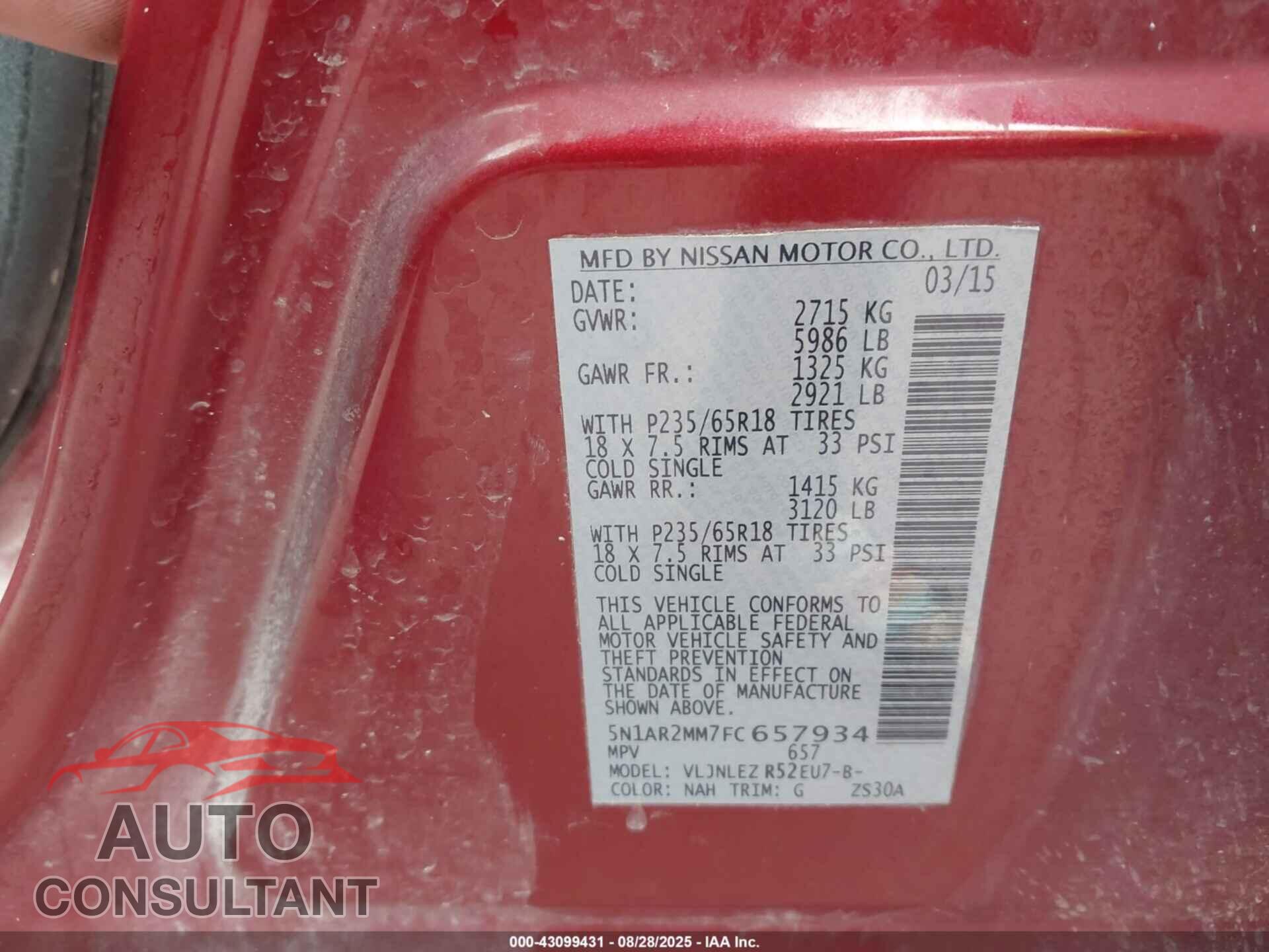 NISSAN PATHFINDER 2015 - 5N1AR2MM7FC657934