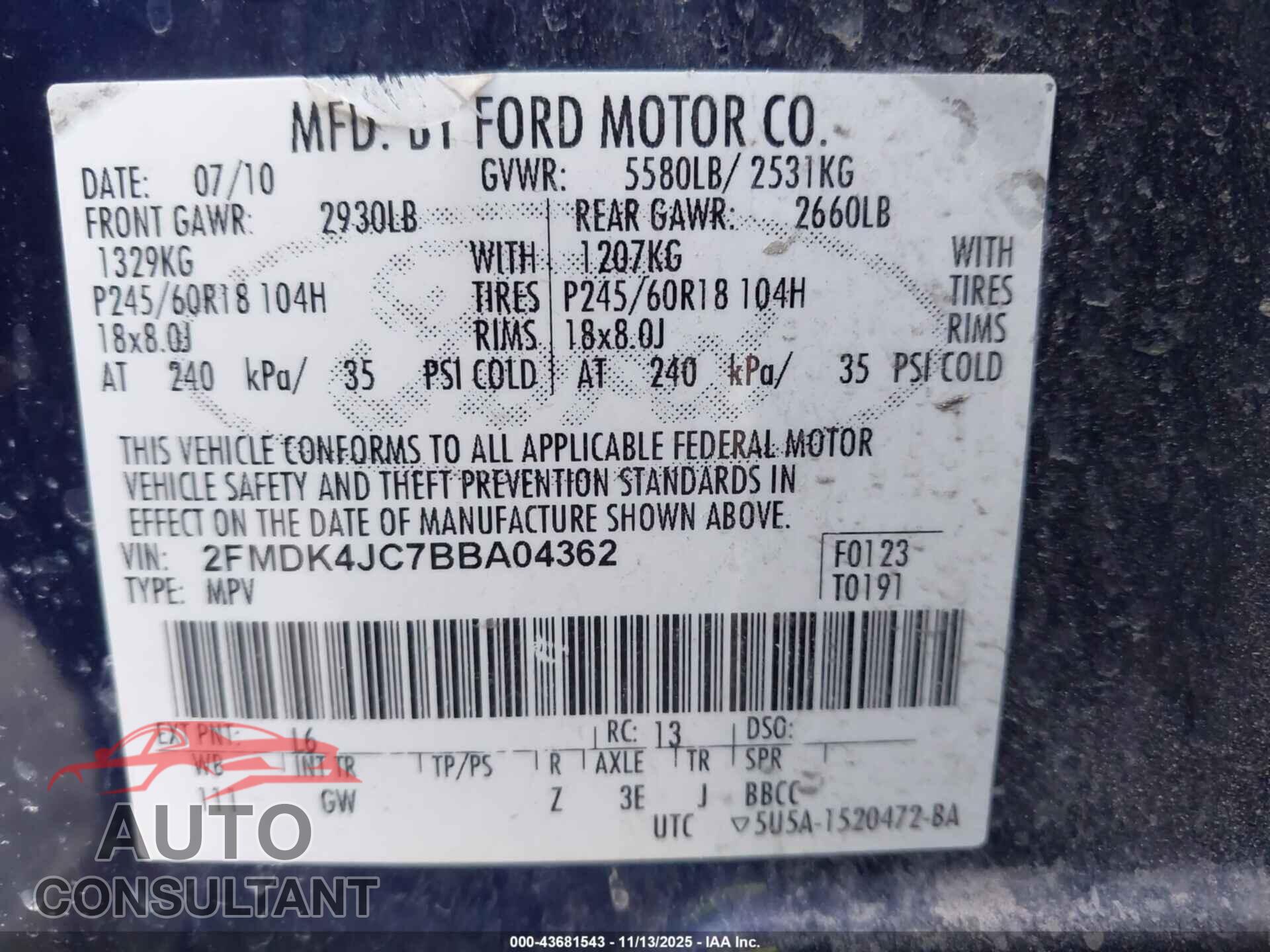 FORD EDGE 2011 - 2FMDK4JC7BBA04362