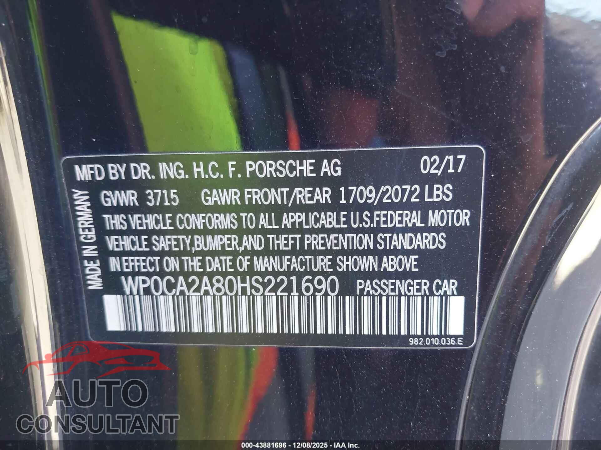 PORSCHE 718 BOXSTER 2017 - WP0CA2A80HS221690