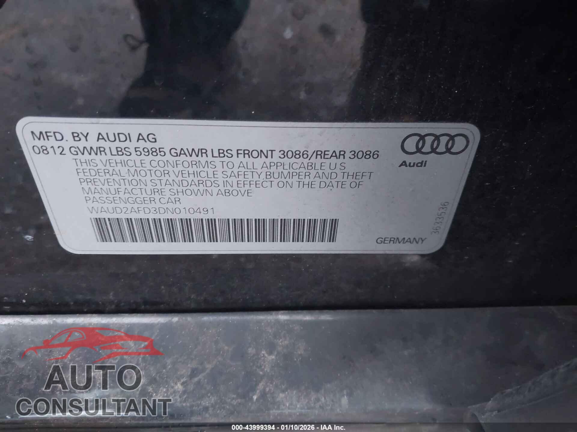 AUDI S8 2013 - WAUD2AFD3DN010491