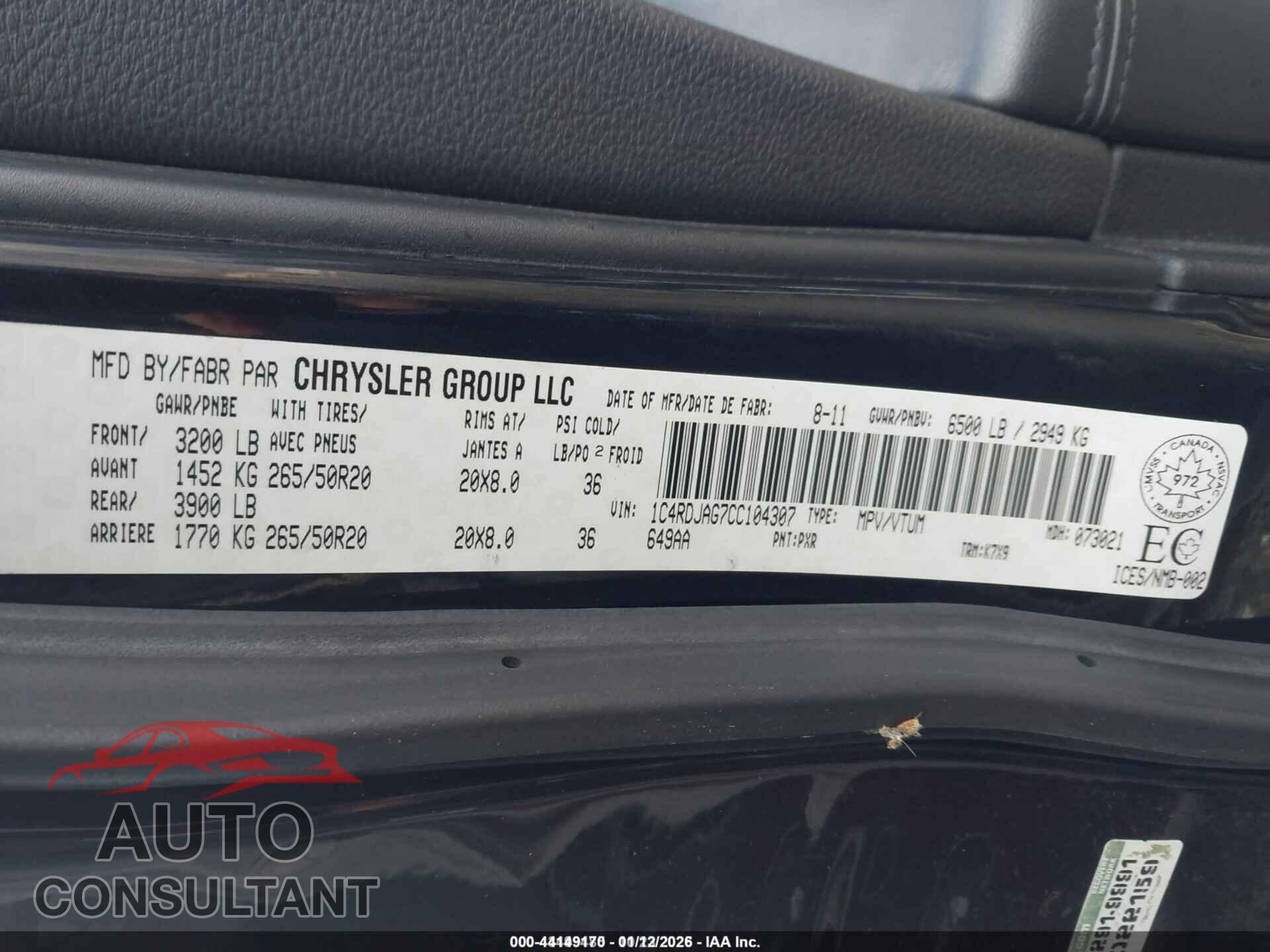 DODGE DURANGO 2012 - 1C4RDJAG7CC104307