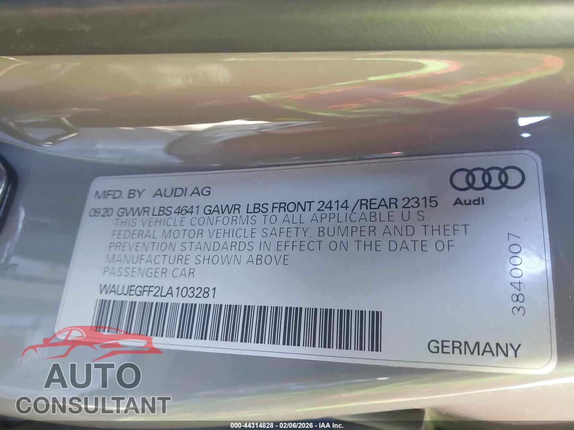 AUDI A3 2020 - WAUJEGFF2LA103281