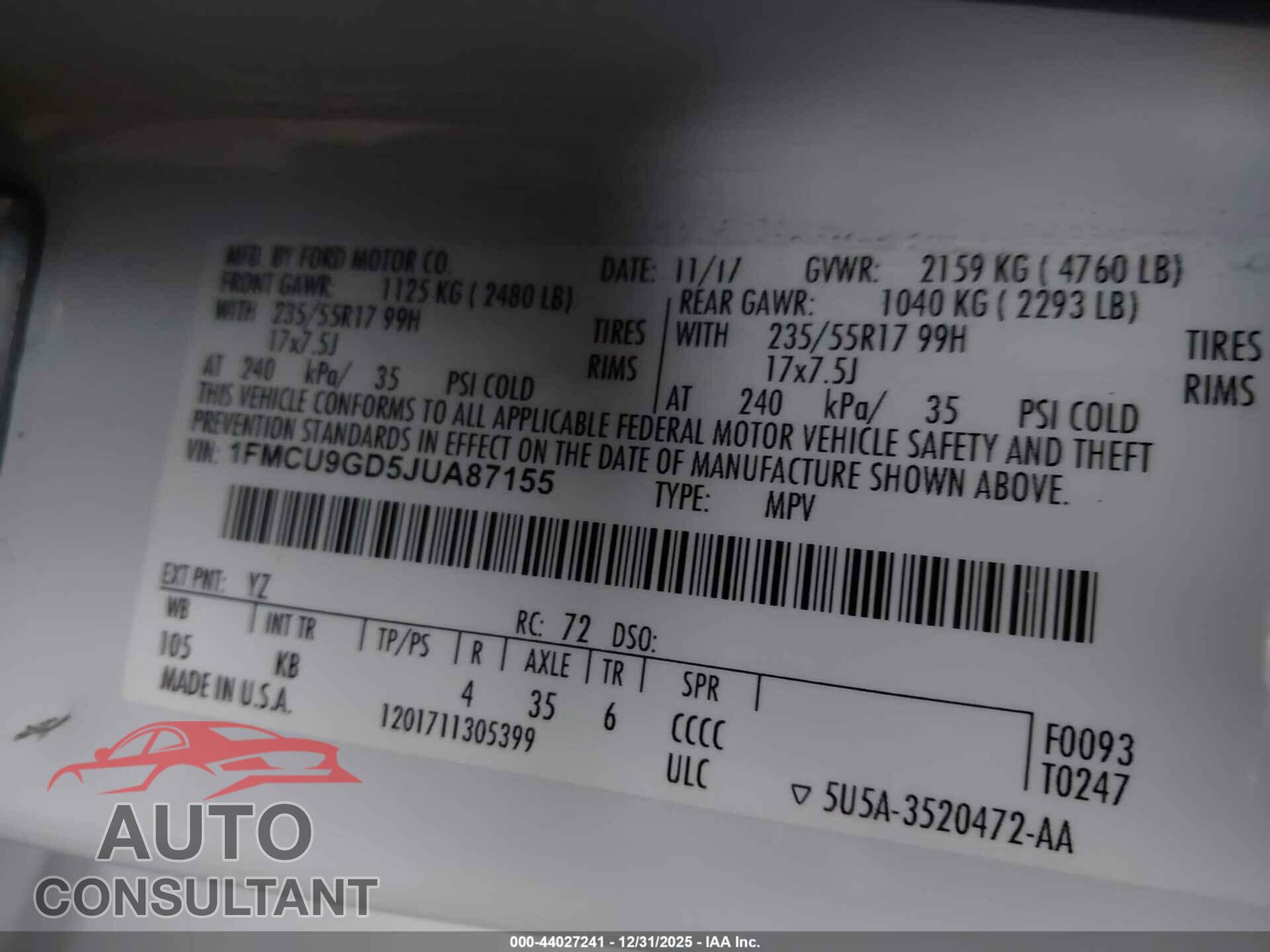 FORD ESCAPE 2018 - 1FMCU9GD5JUA87155