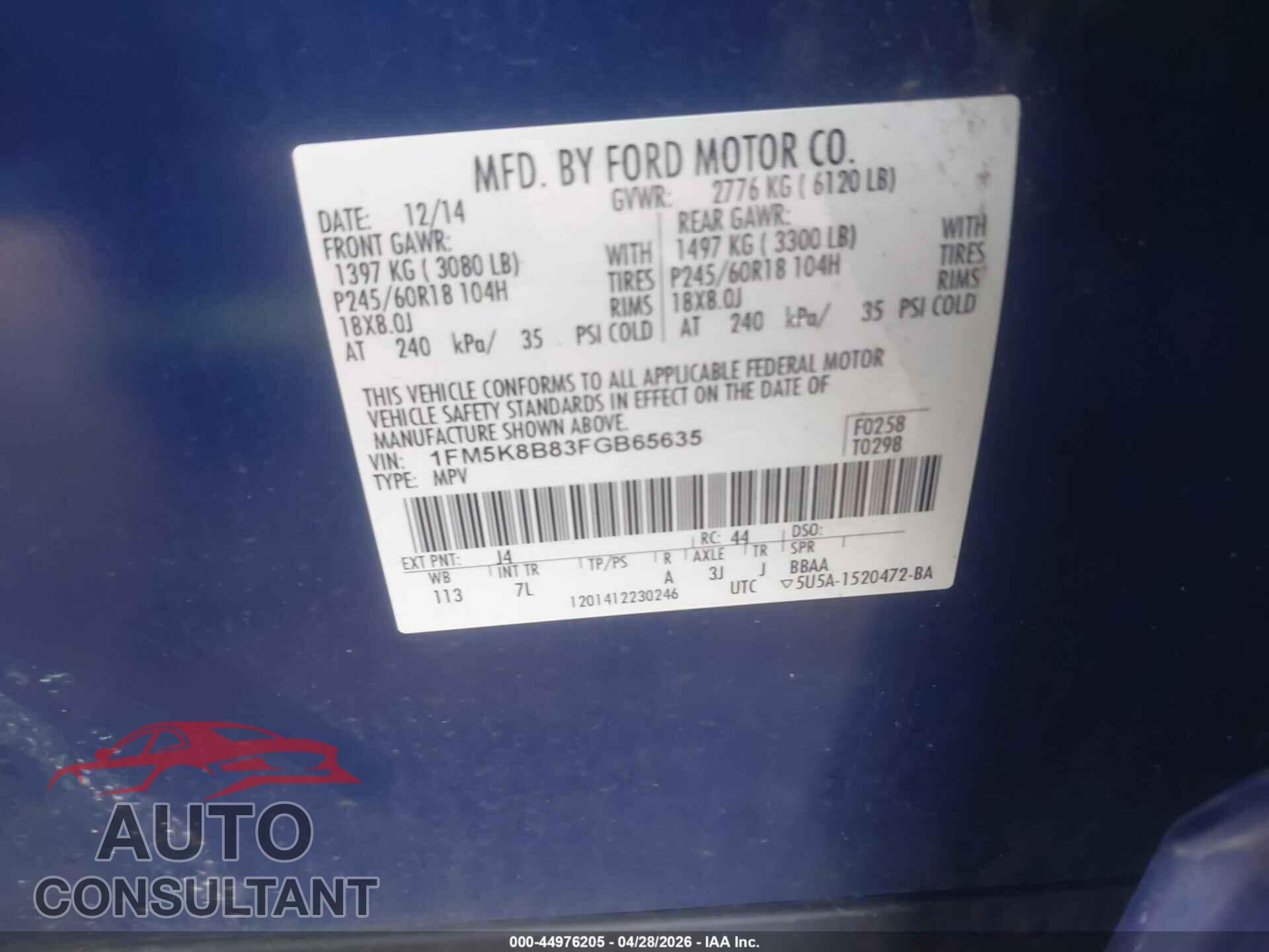FORD EXPLORER 2015 - 1FM5K8B83FGB65635
