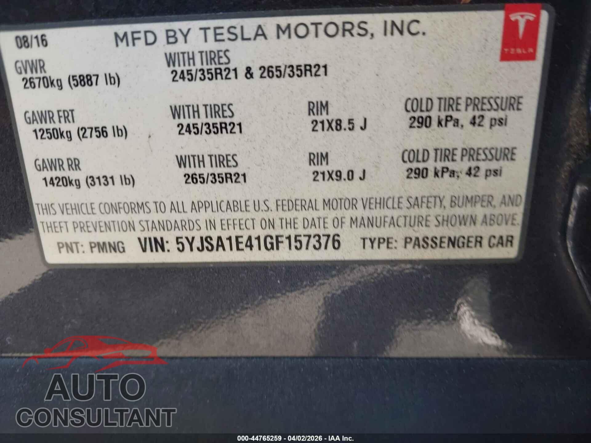 TESLA MODEL S 2016 - 5YJSA1E41GF157376
