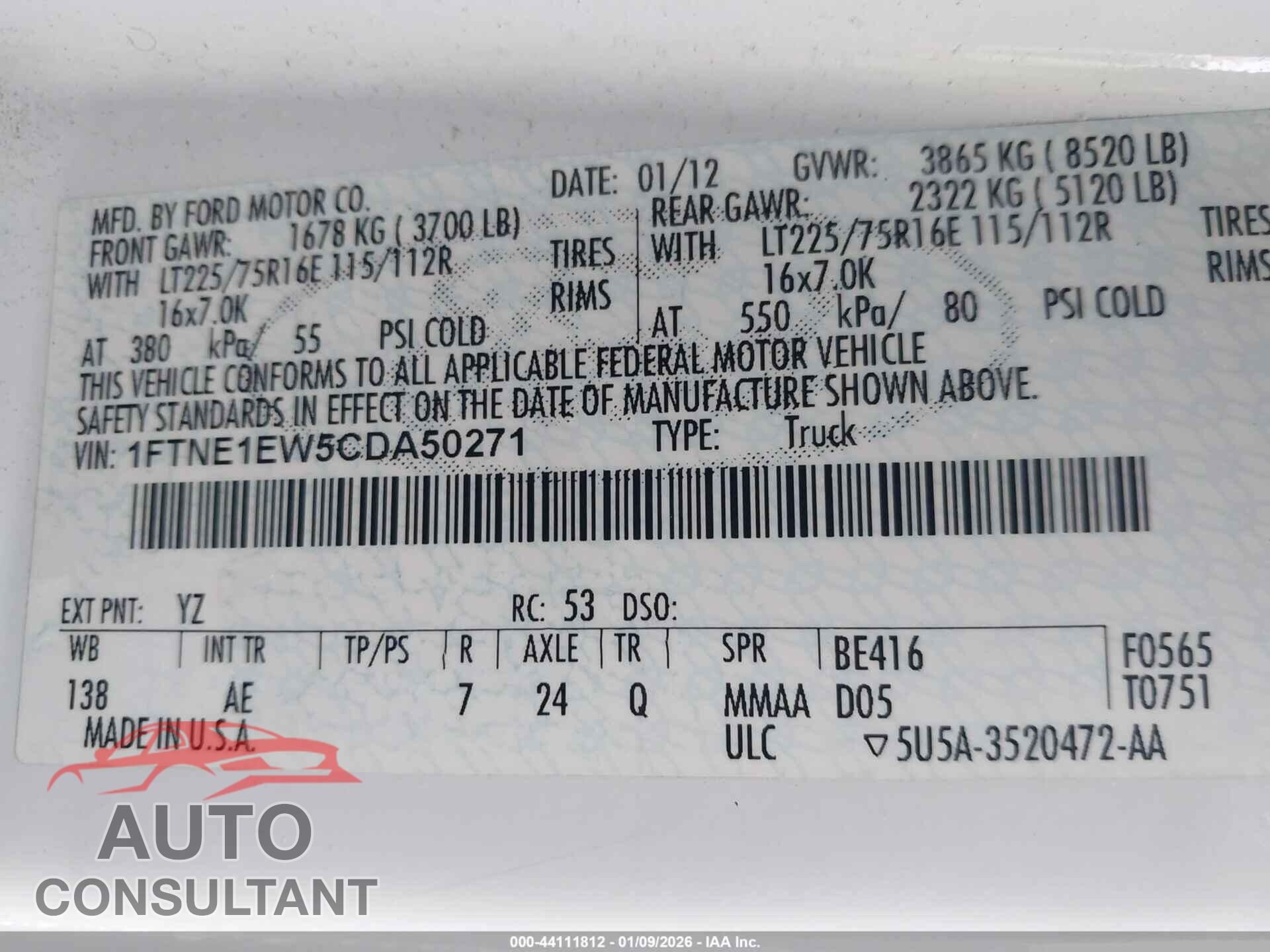 FORD E-150 2012 - 1FTNE1EW5CDA50271