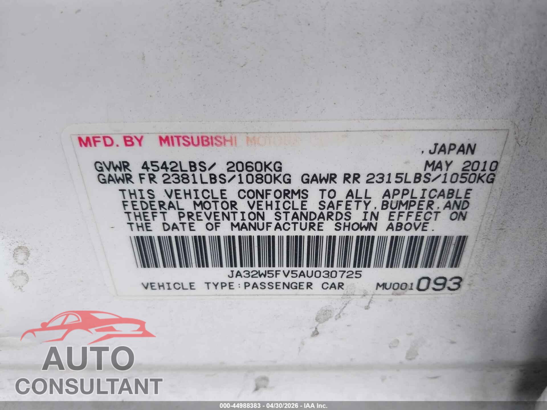 MITSUBISHI LANCER EVOLUTION 2010 - JA32W5FV5AU030725