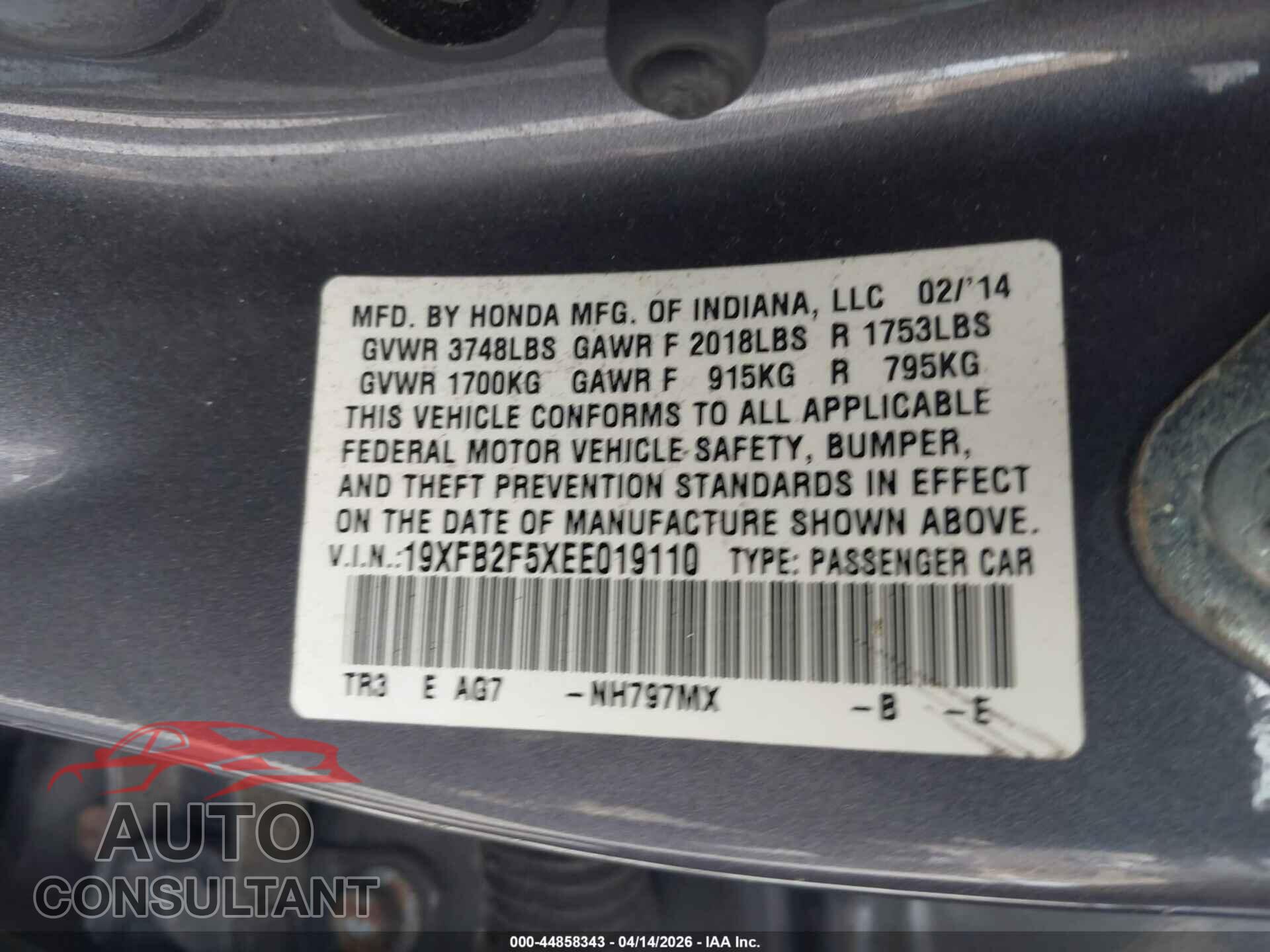 HONDA CIVIC 2014 - 19XFB2F5XEE019110