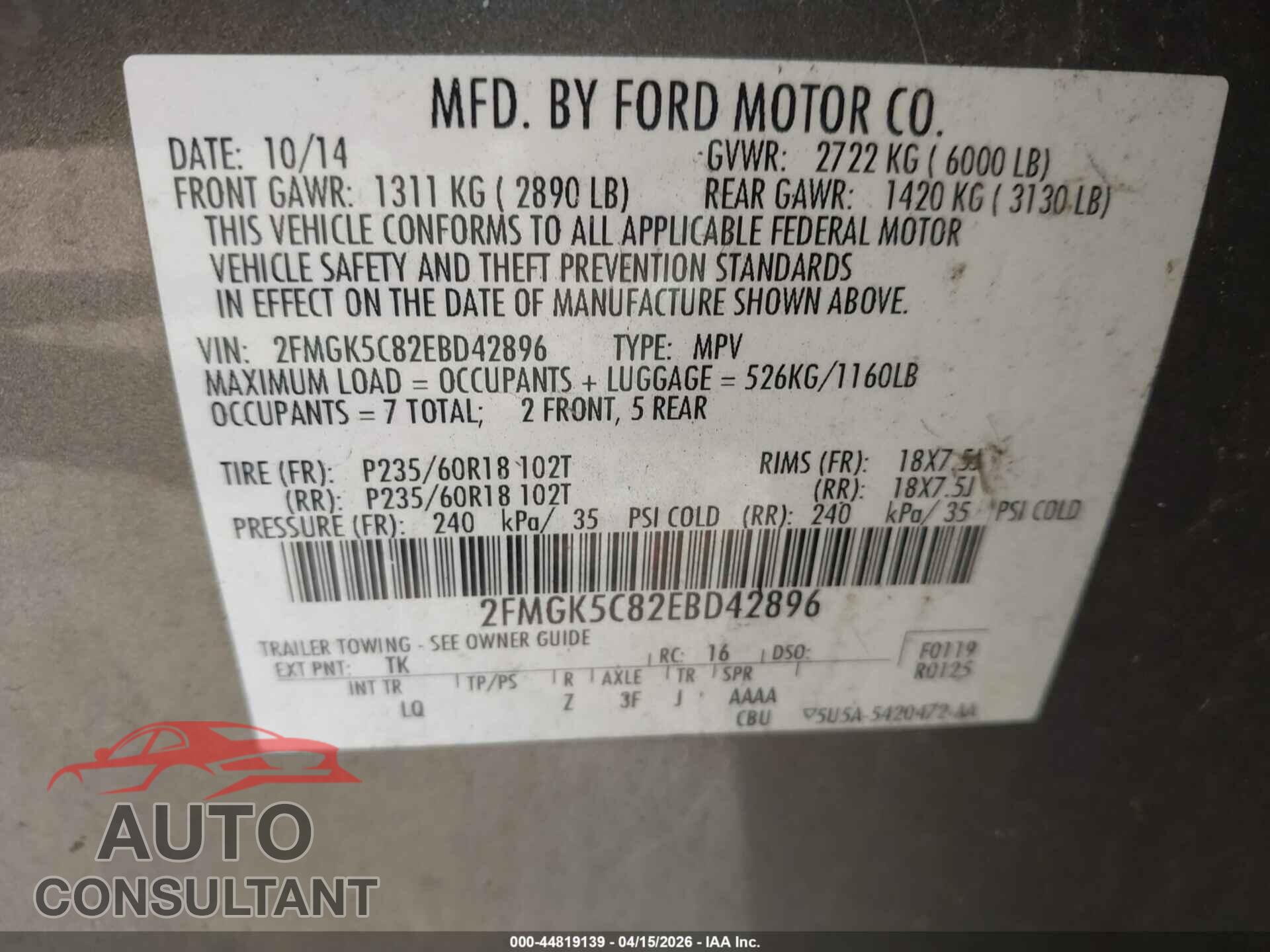 FORD FLEX 2014 - 2FMGK5C82EBD42896