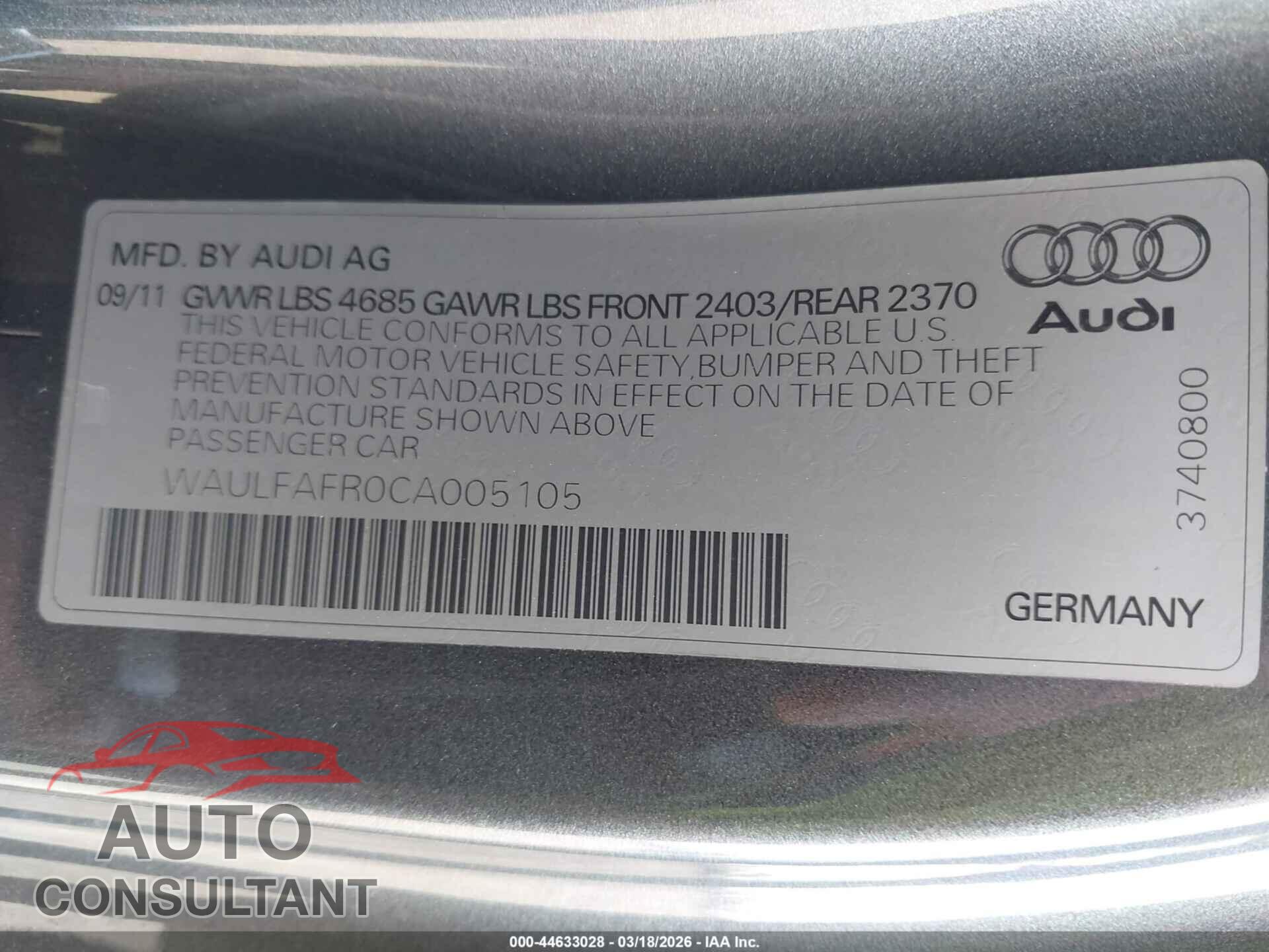 AUDI A5 2012 - WAULFAFR0CA005105