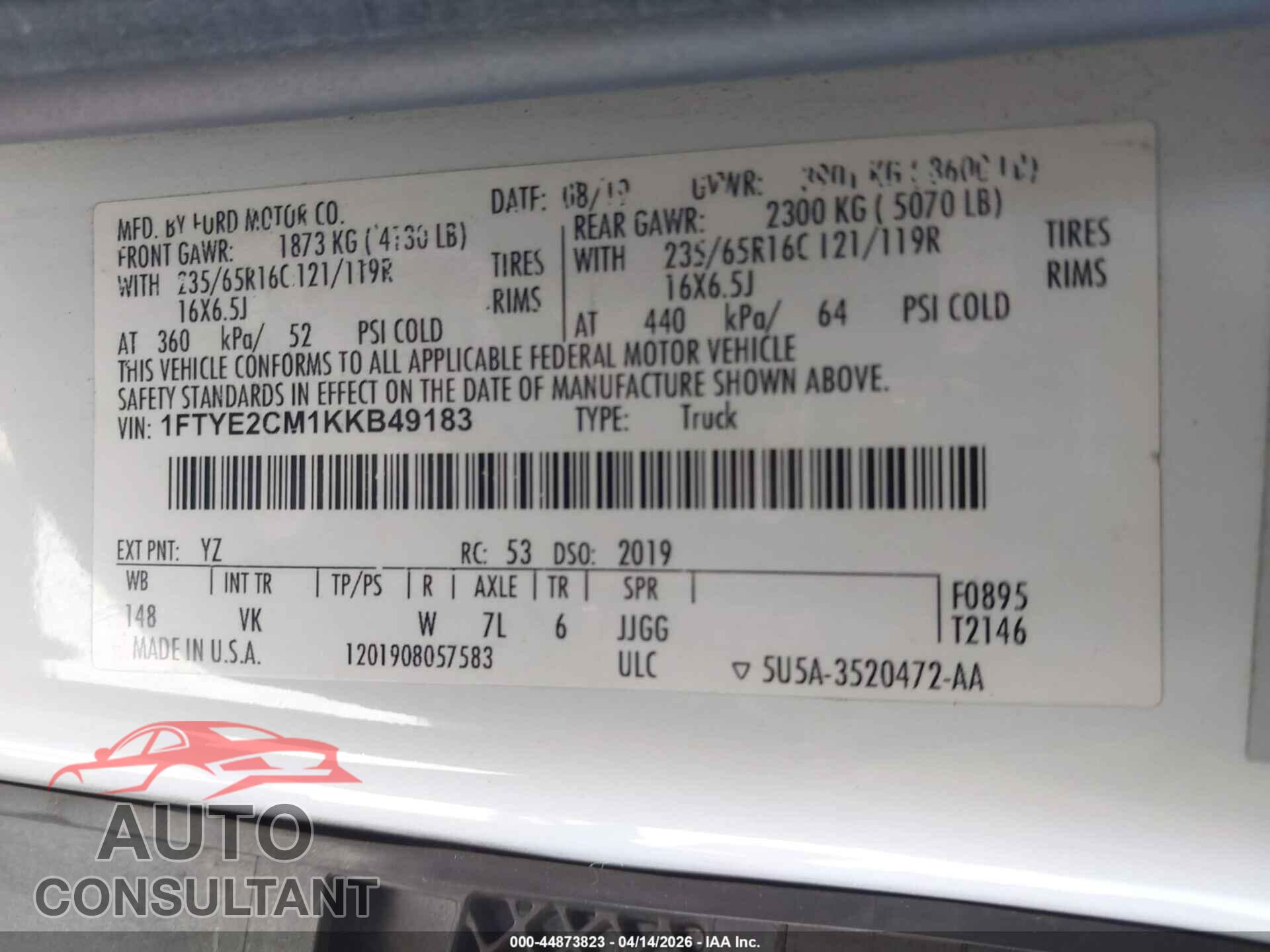 FORD TRANSIT-150 2019 - 1FTYE2CM1KKB49183