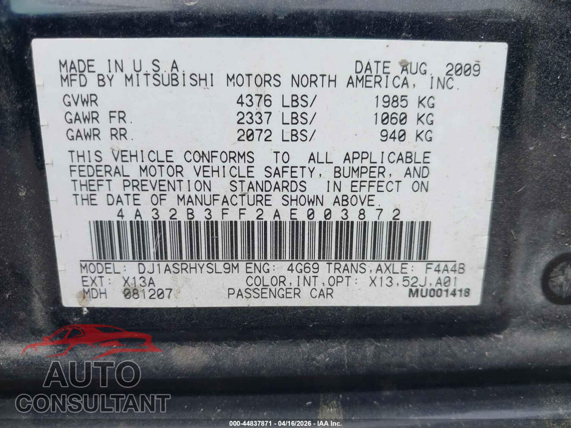 MITSUBISHI GALANT 2010 - 4A32B3FF2AE003872