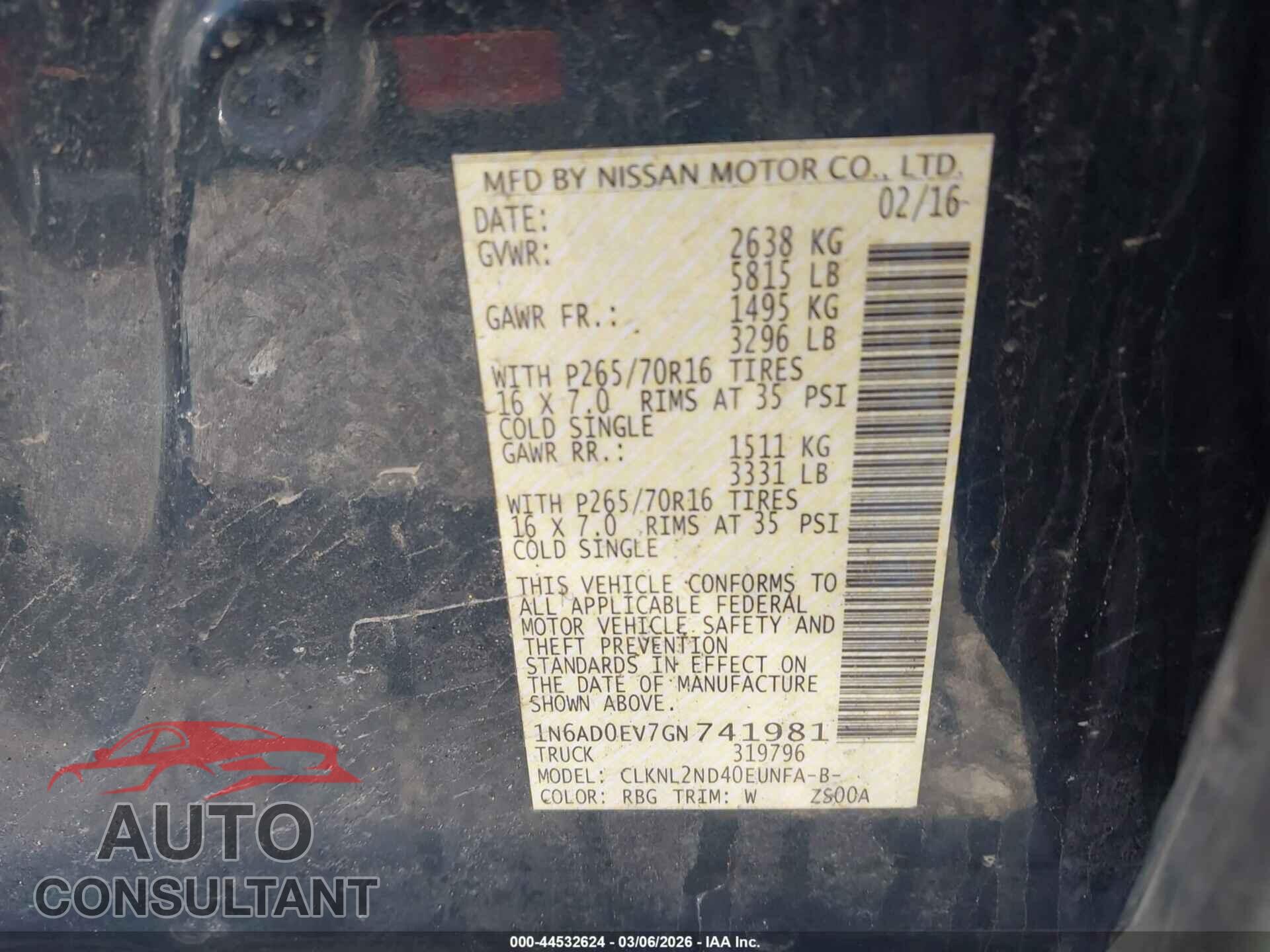 NISSAN FRONTIER 2016 - 1N6AD0EV7GN741981