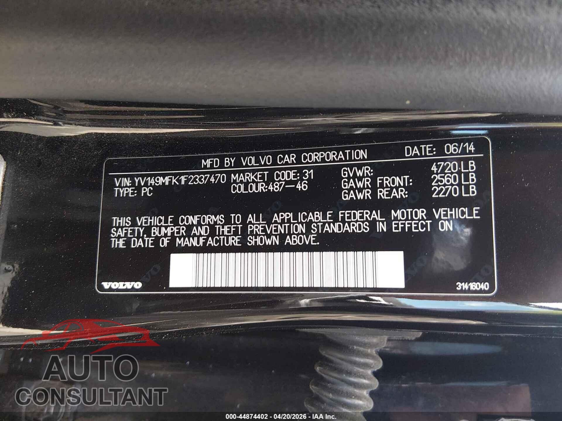 VOLVO S60 2015 - YV149MFK1F2337470