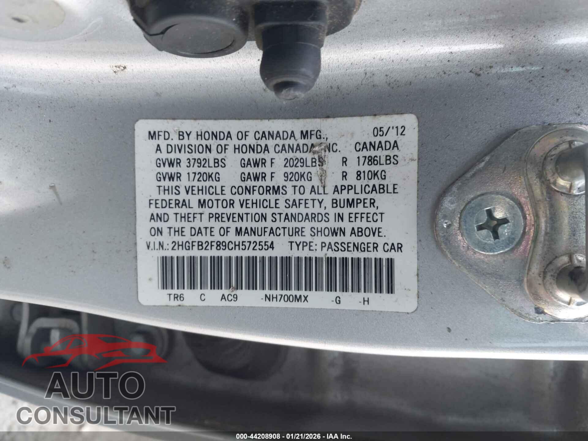 HONDA CIVIC 2012 - 2HGFB2F89CH572554