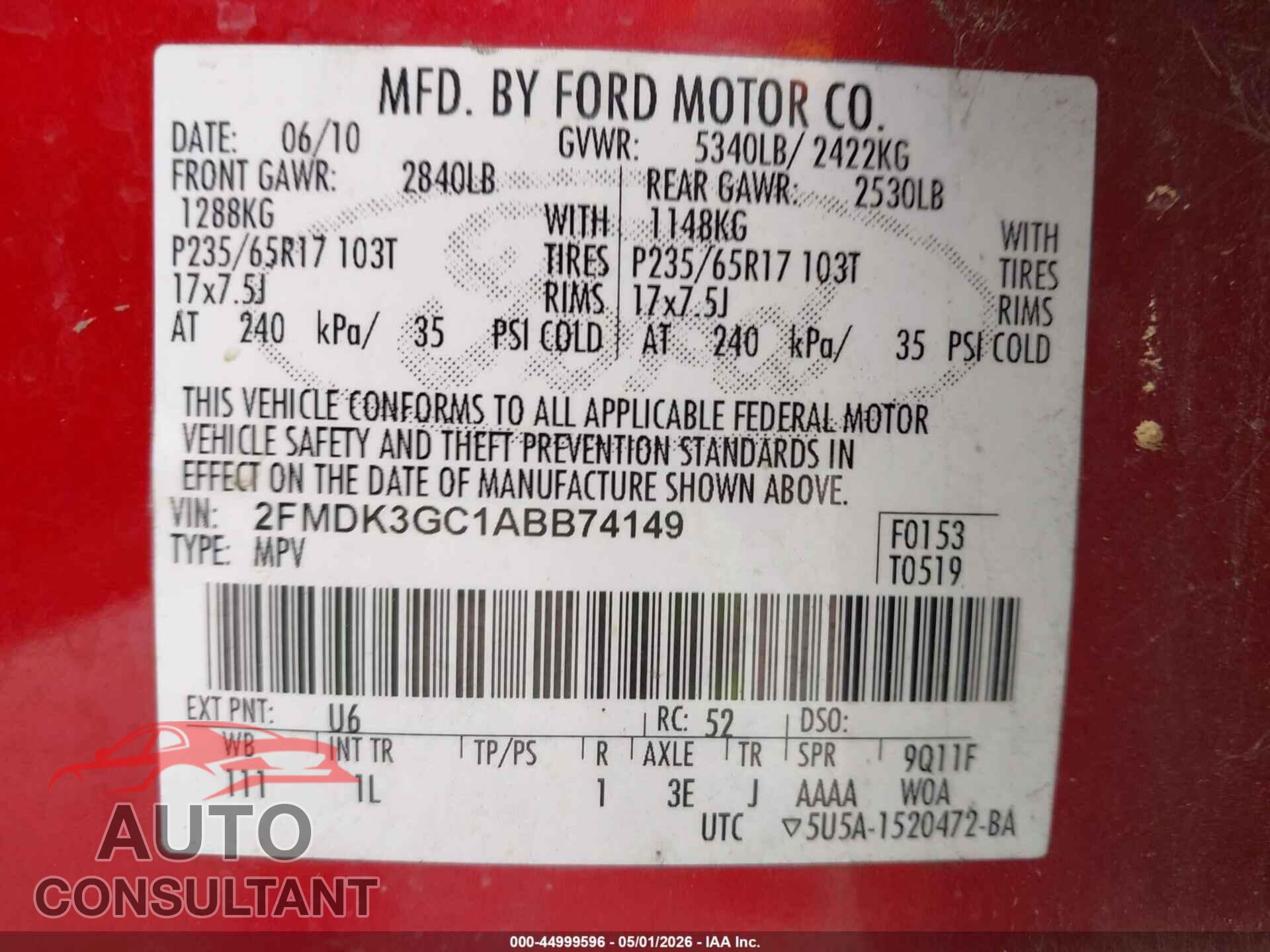 FORD EDGE 2010 - 2FMDK3GC1ABB74149