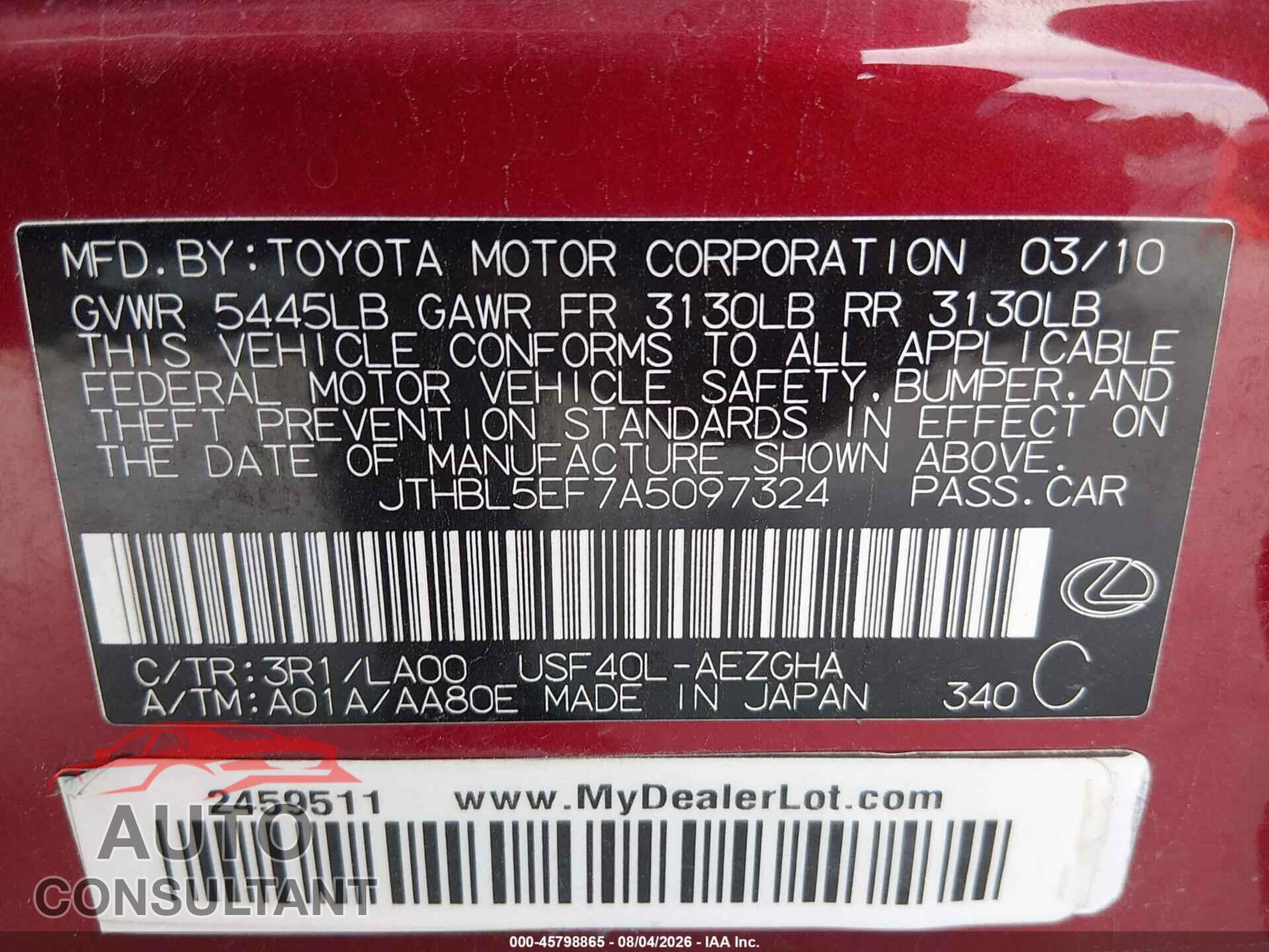LEXUS LS 460 2010 - JTHBL5EF7A5097324