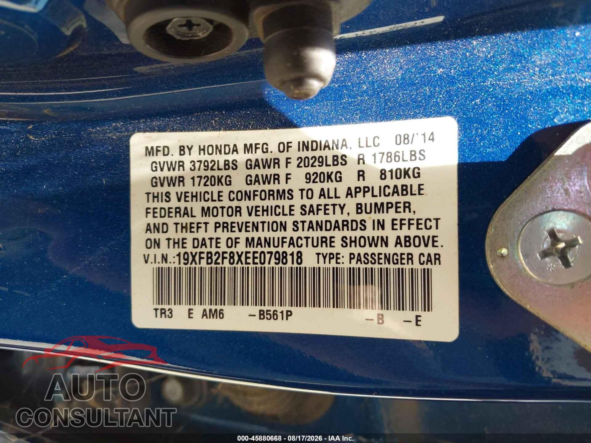 HONDA CIVIC 2014 - 19XFB2F8XEE079818