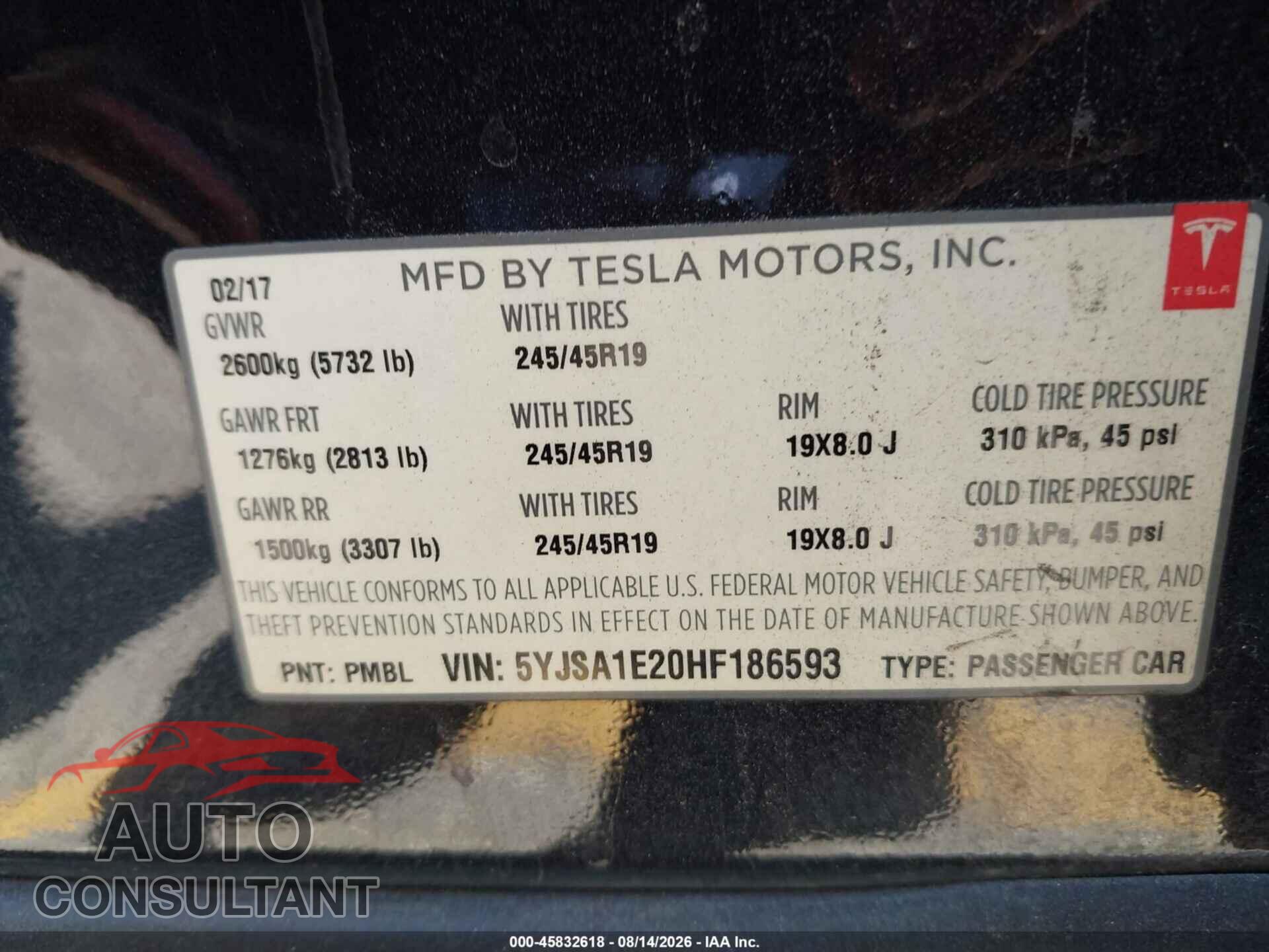 TESLA MODEL S 2017 - 5YJSA1E20HF186593