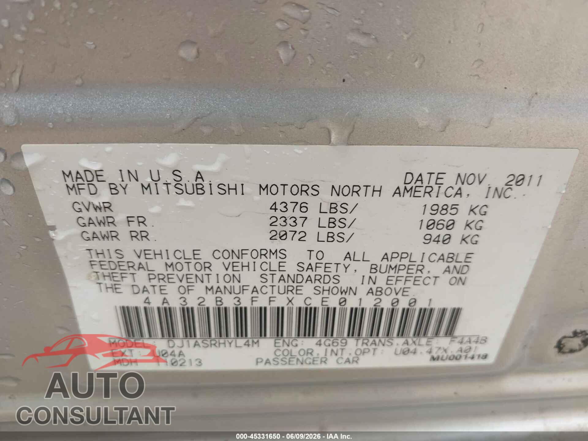 MITSUBISHI GALANT 2012 - 4A32B3FFXCE012001