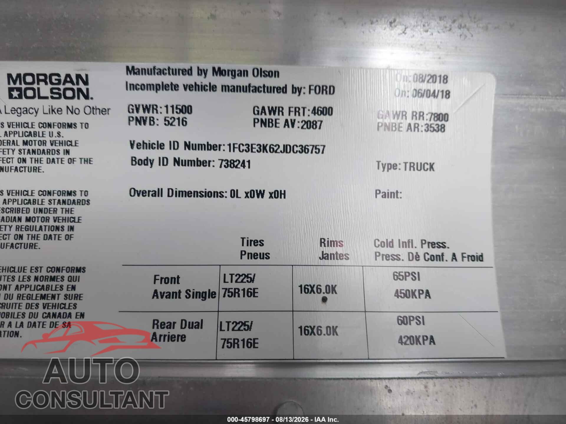 FORD E-350 STRIPPED 2018 - 1FC3E3K62JDC36757