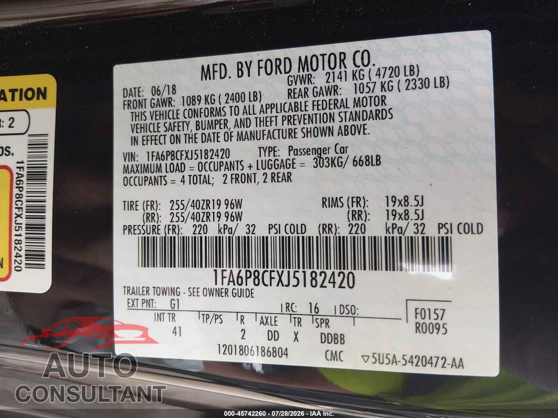 FORD MUSTANG 2018 - 1FA6P8CFXJ5182420