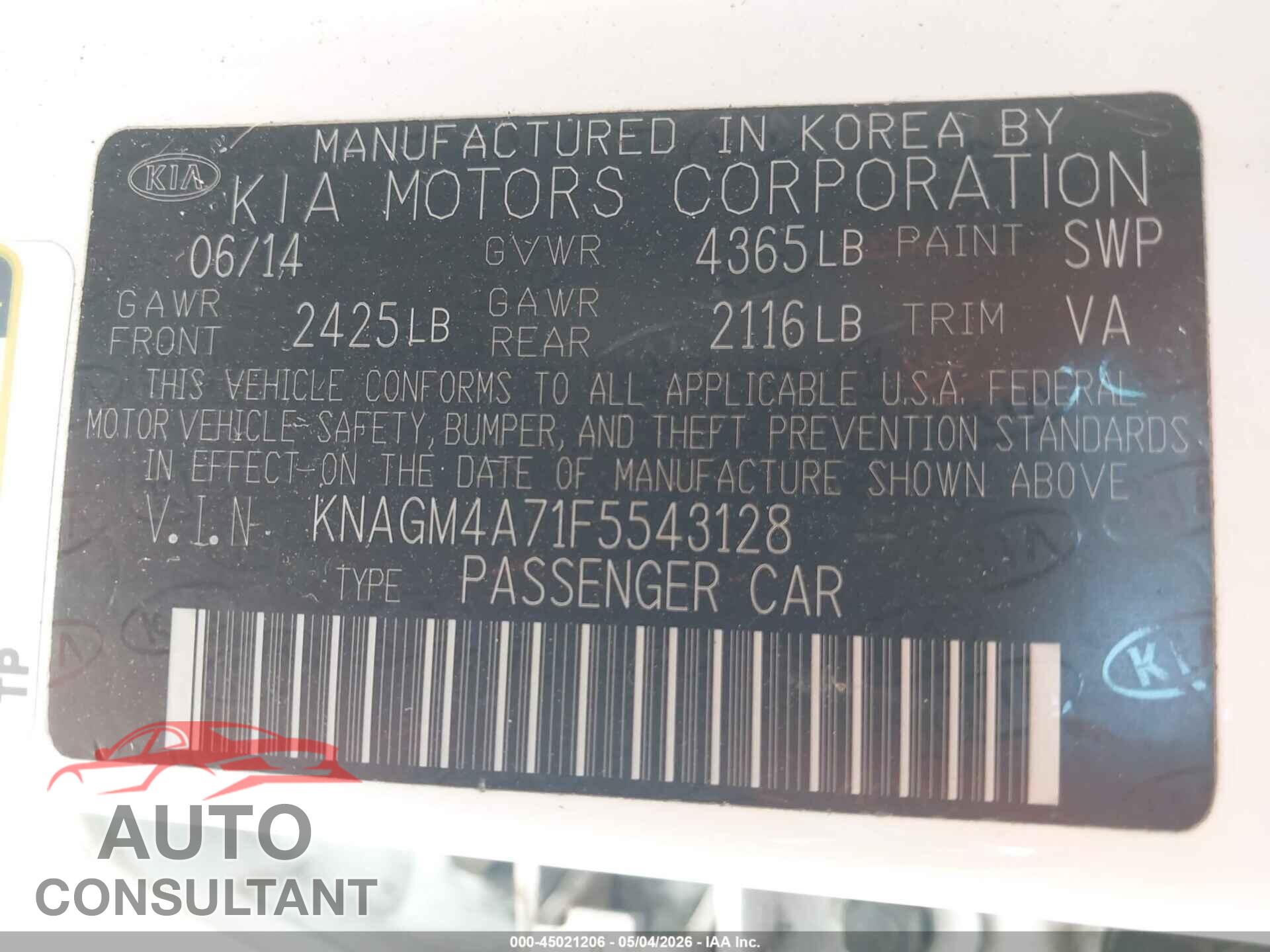 KIA OPTIMA 2015 - KNAGM4A71F5543128