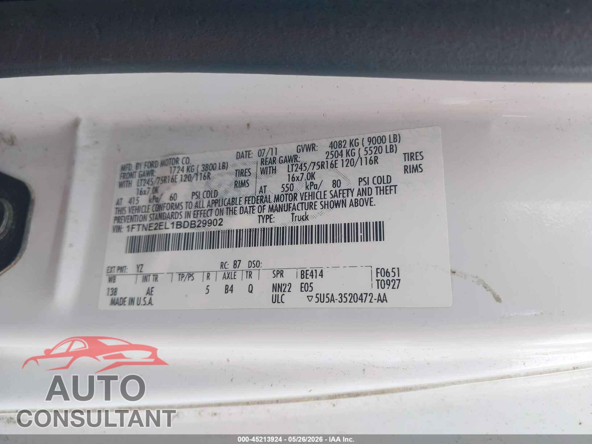 FORD E-250 2011 - 1FTNE2EL1BDB29902
