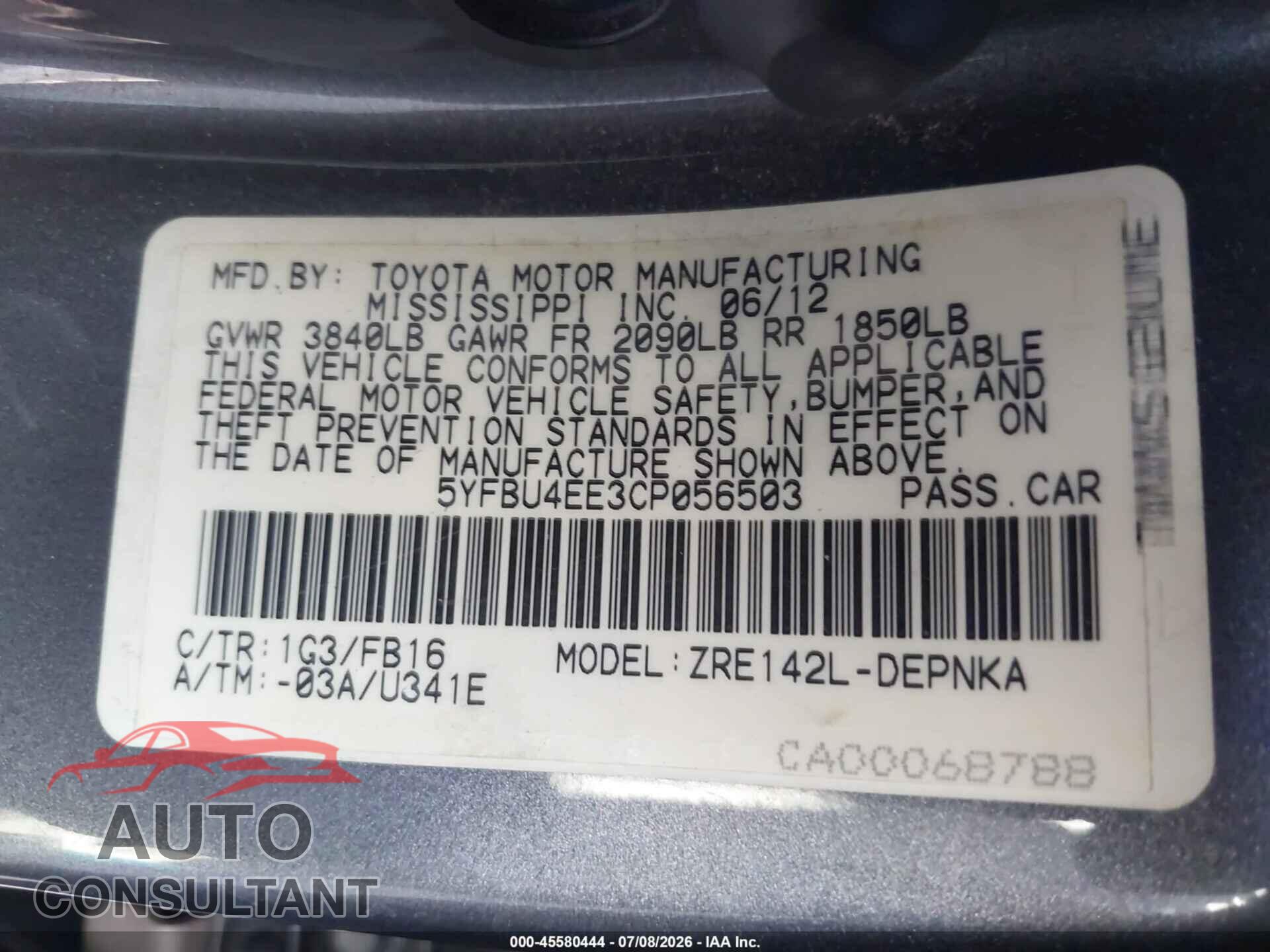 TOYOTA COROLLA 2012 - 5YFBU4EE3CP056503