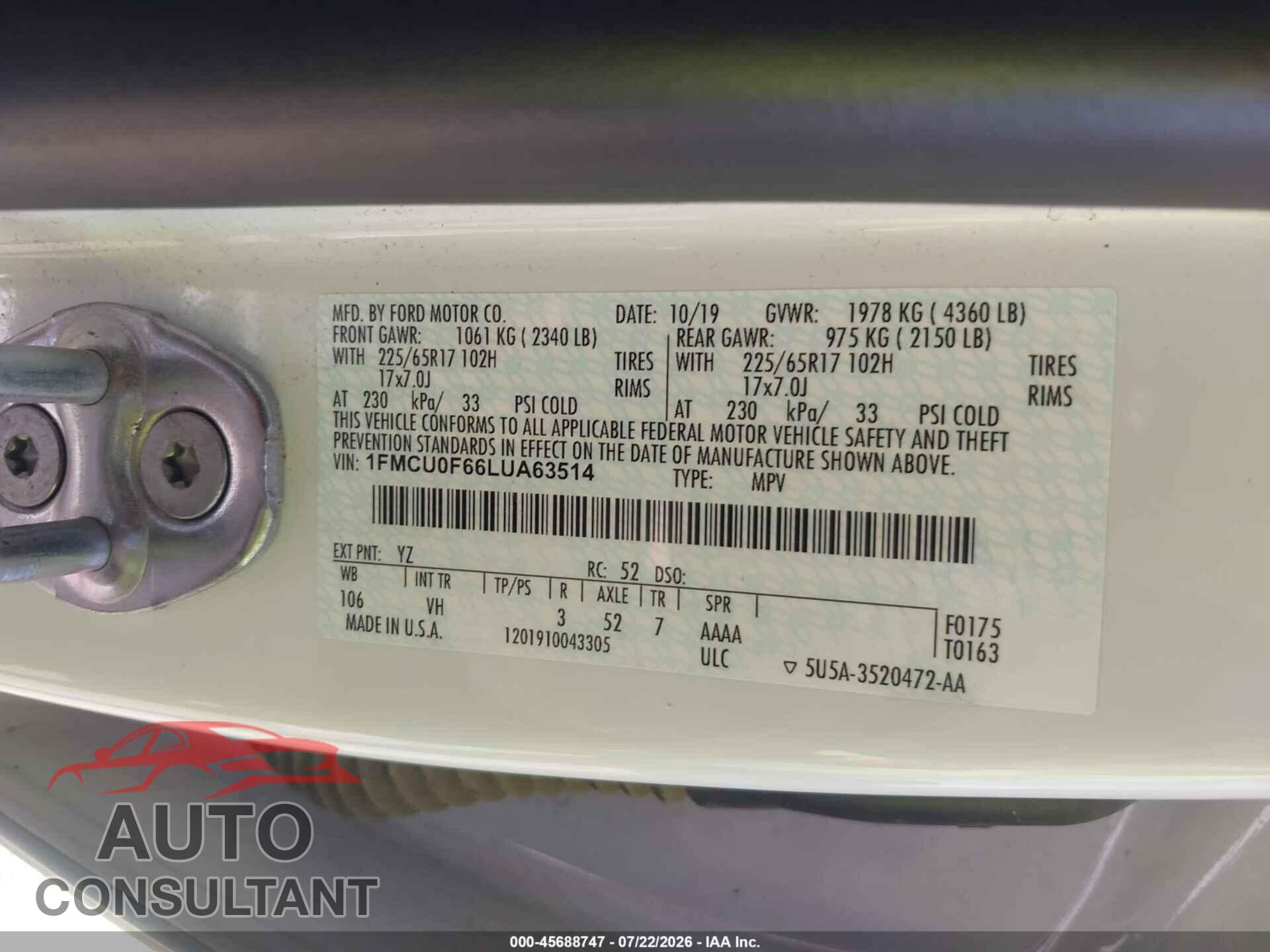 FORD ESCAPE 2020 - 1FMCU0F66LUA63514