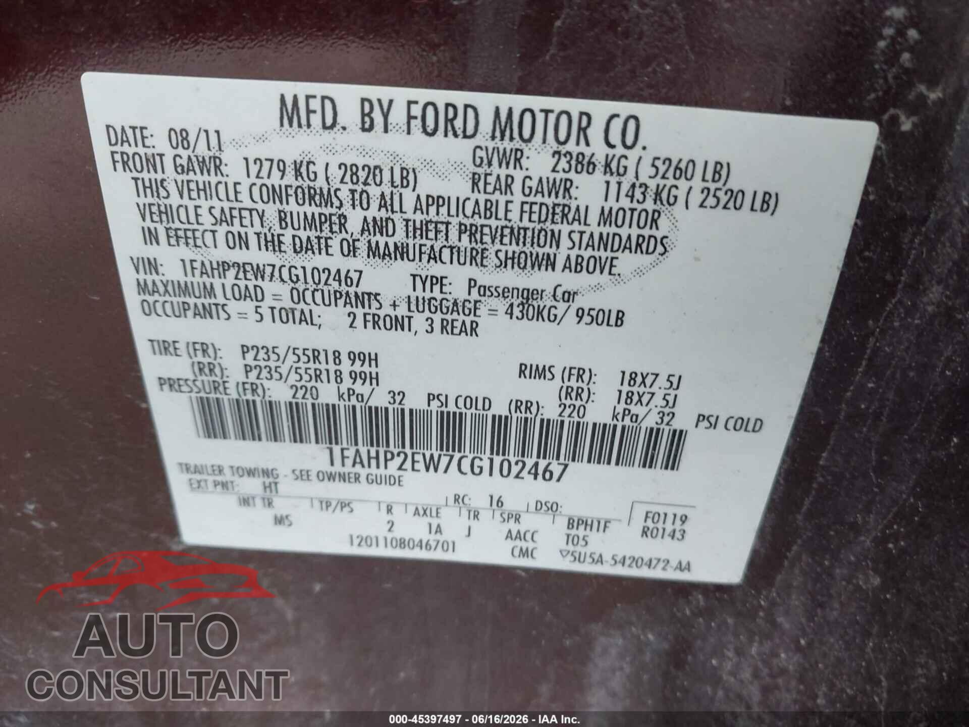 FORD TAURUS 2012 - 1FAHP2EW7CG102467