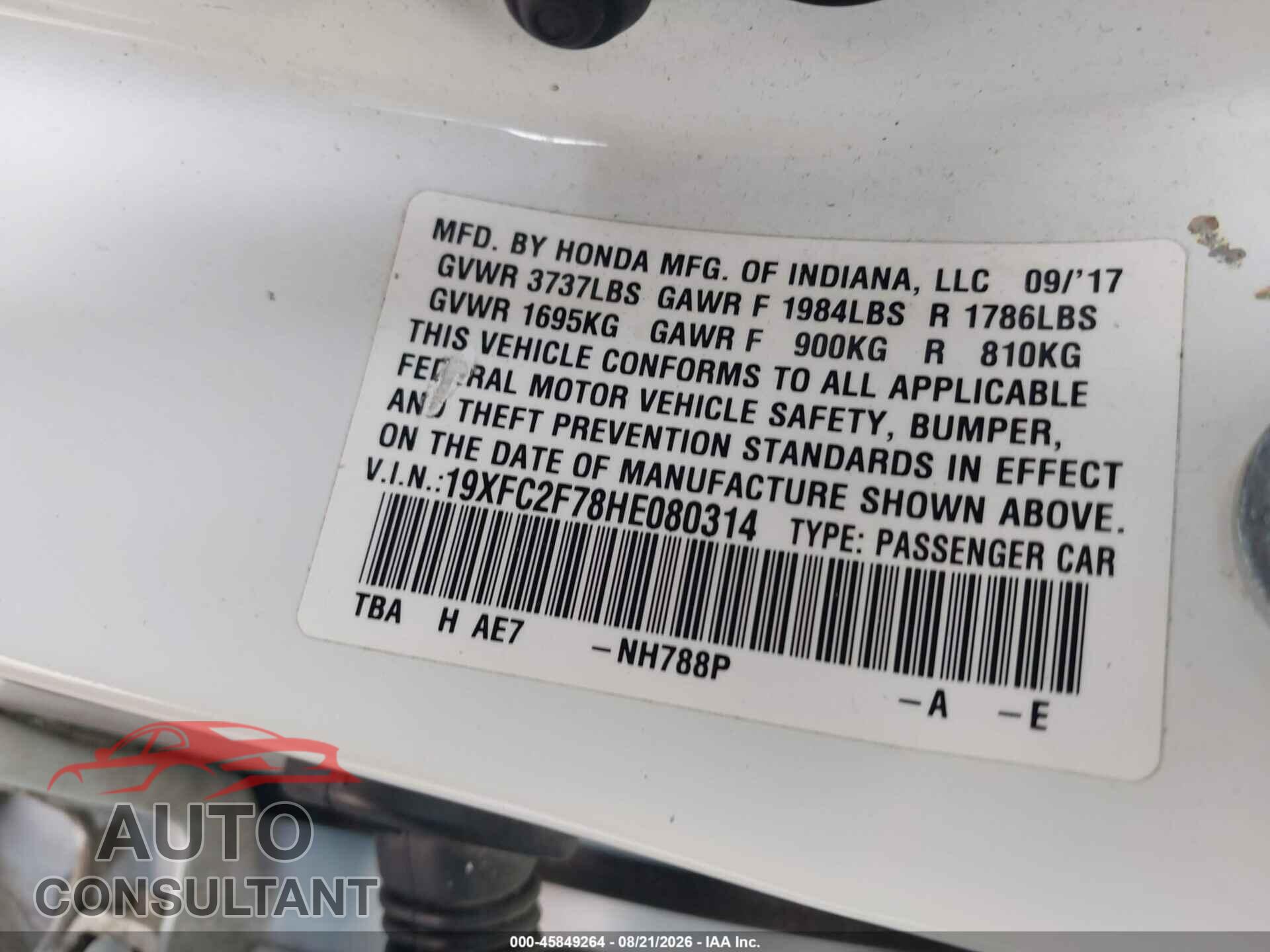 HONDA CIVIC 2017 - 19XFC2F78HE080314