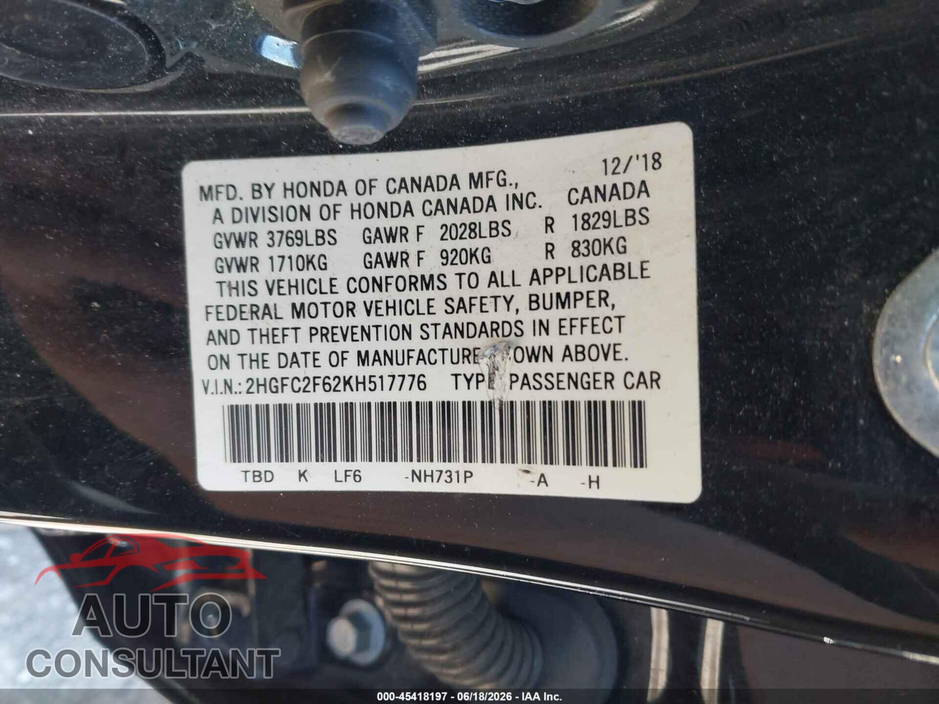 HONDA CIVIC 2019 - 2HGFC2F62KH517776