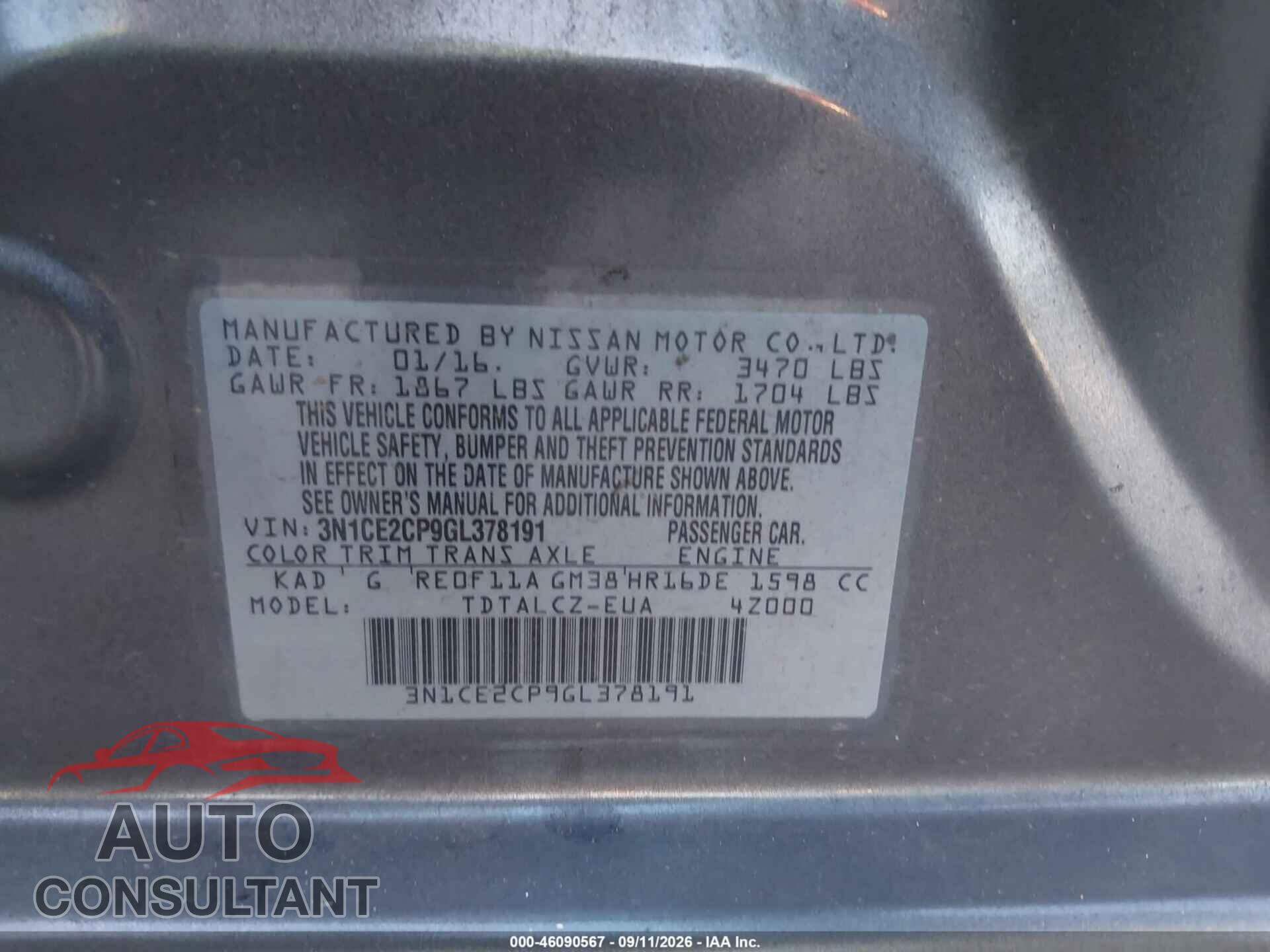 NISSAN VERSA NOTE 2016 - 3N1CE2CP9GL378191