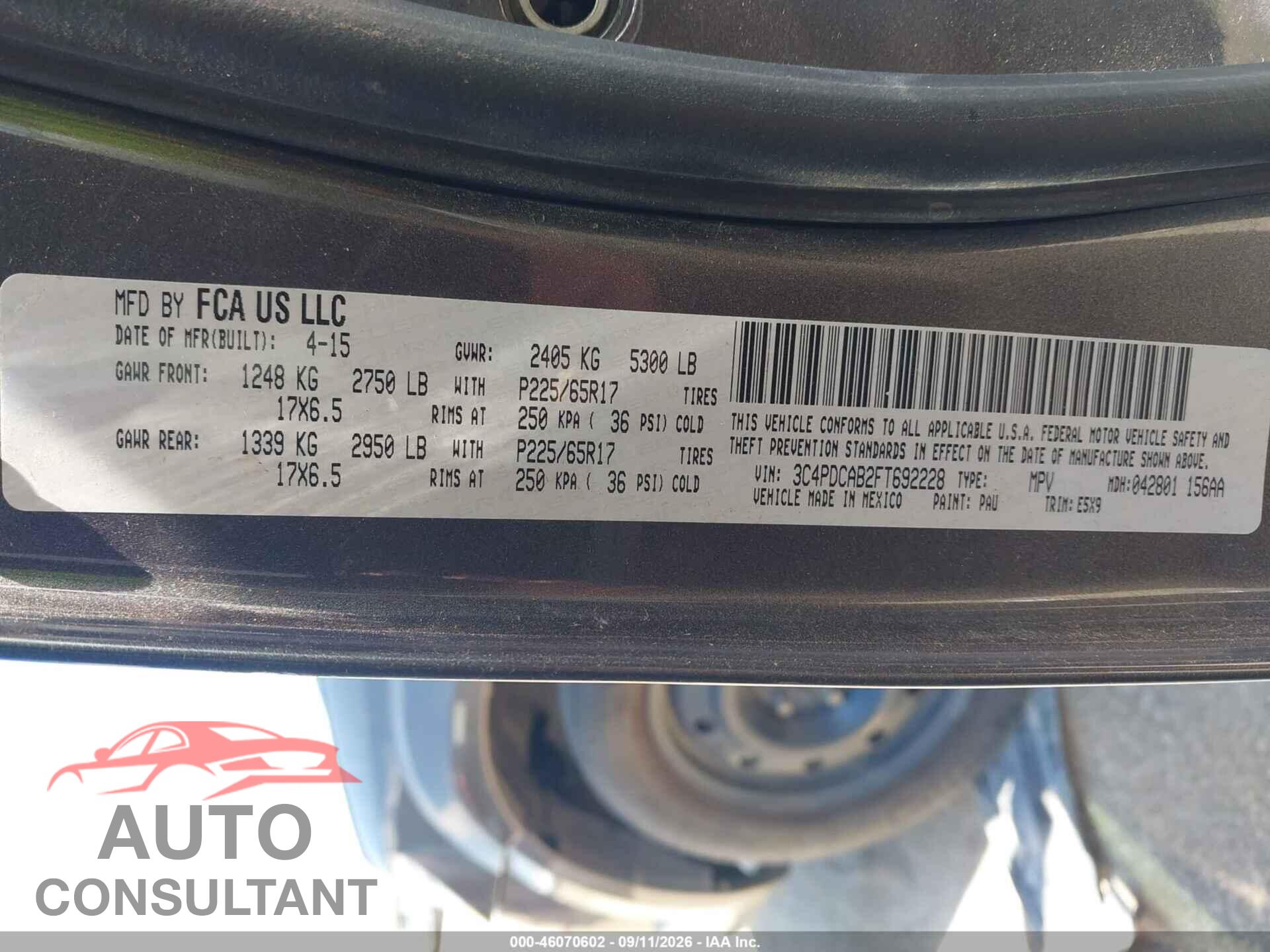 DODGE JOURNEY 2015 - 3C4PDCAB2FT692228