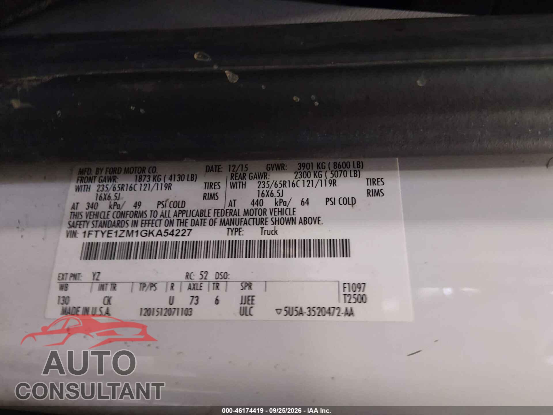 FORD TRANSIT-150 2016 - 1FTYE1ZM1GKA54227