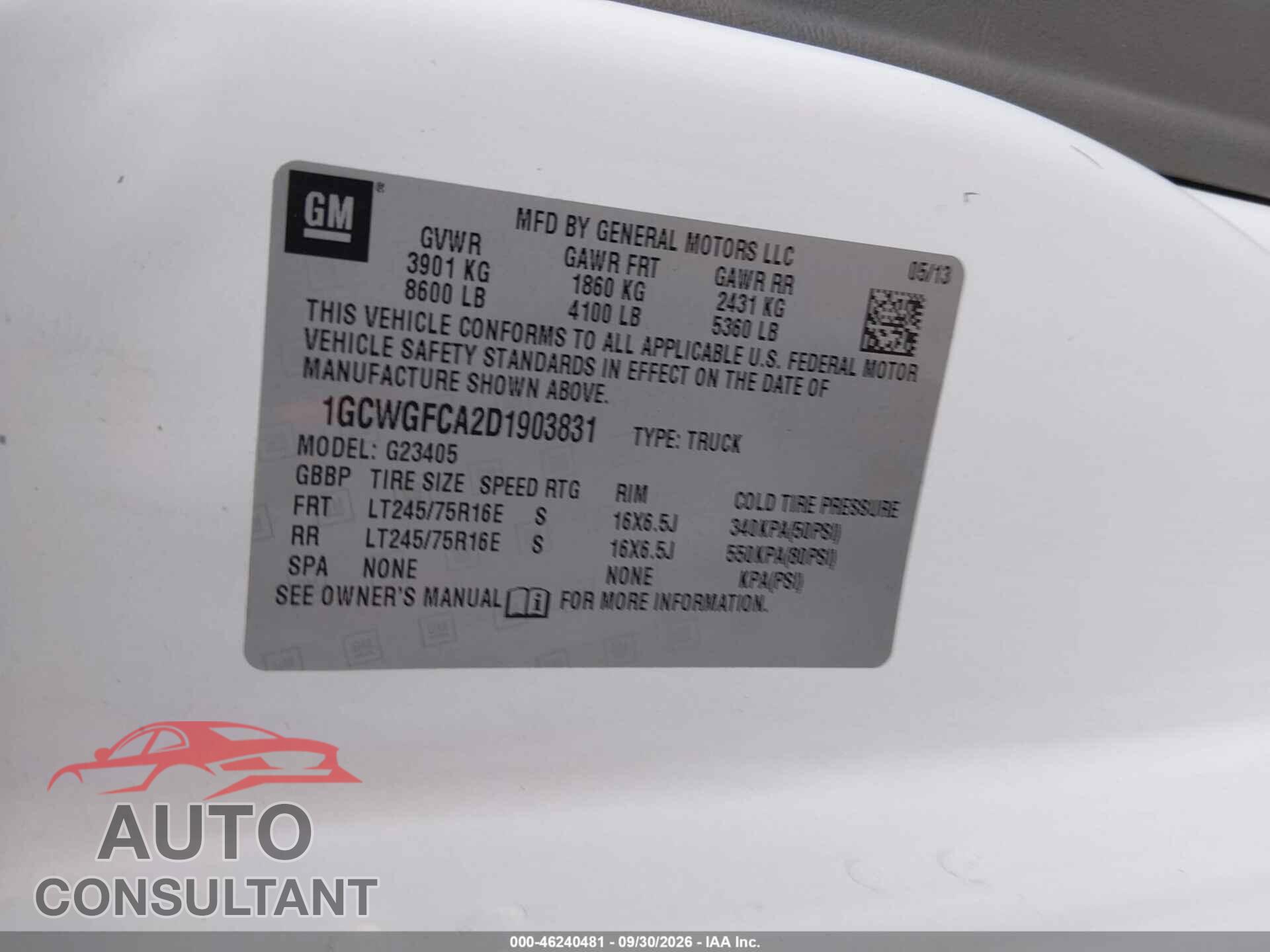 CHEVROLET EXPRESS 2500 2013 - 1GCWGFCA2D1903831