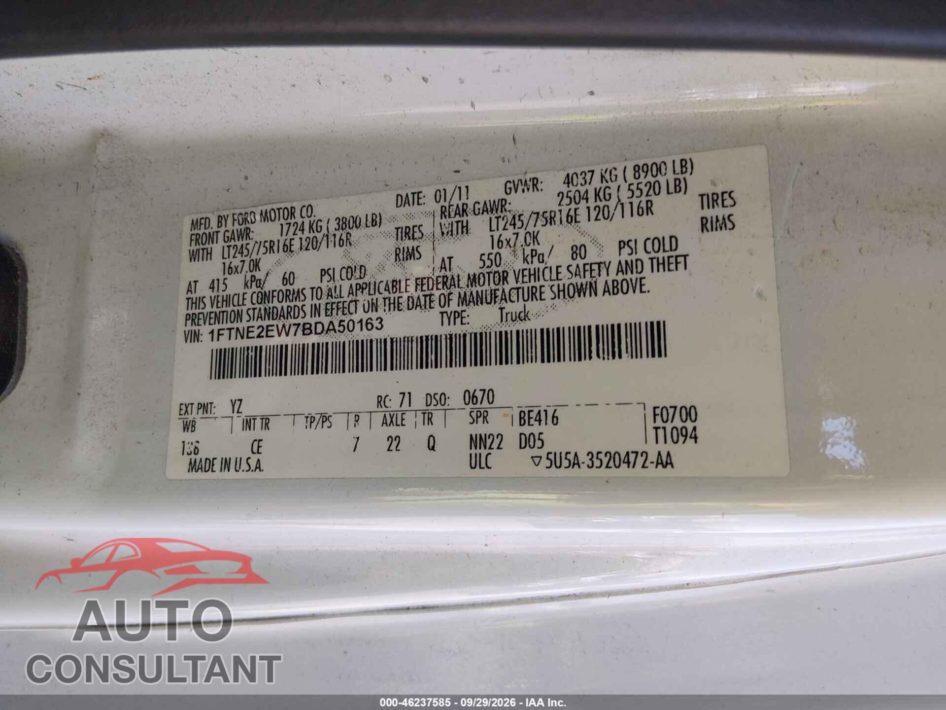 FORD E-250 2011 - 1FTNE2EW7BDA50163
